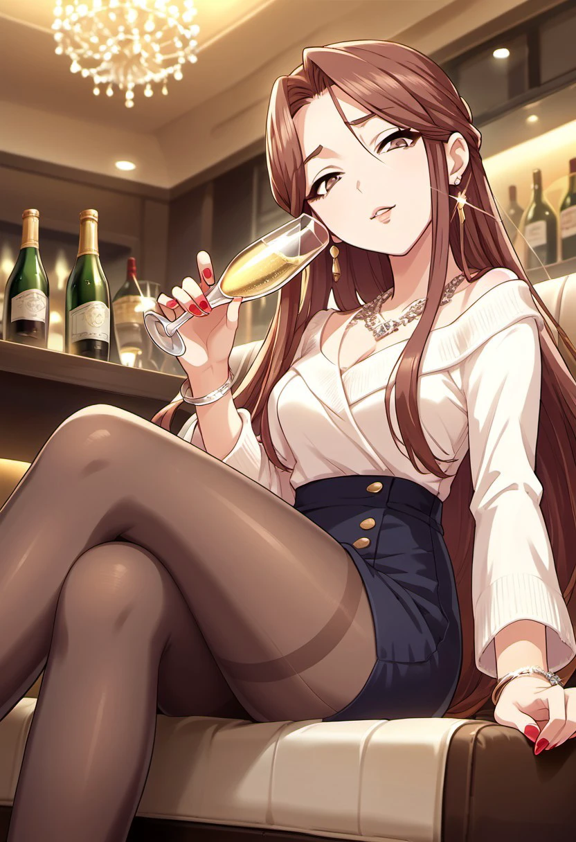 score_9, score_8_up, score_7_up, source_anime,zaizen tokiko, long hair, brown hair, brown eyes, 1girl, pantyhose, jewelry, crossed legs, champagne, solo, earrings, alcohol, necklace, cup, bracelet, nail polish