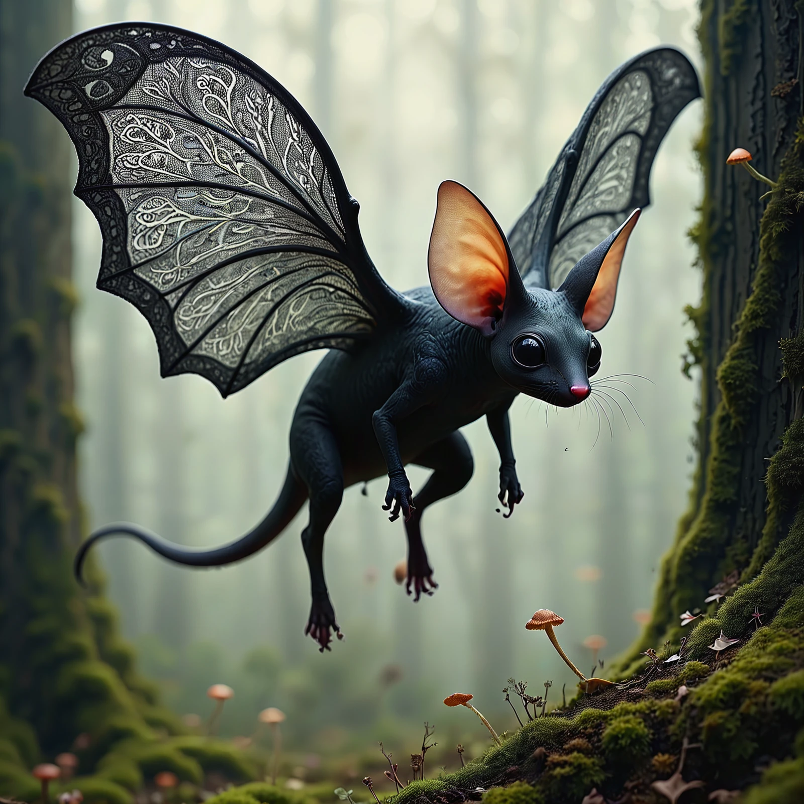 A flying creature, looking like a flying mouse, swooping through the air. Wings made of black fractal lace.

<lora:GliderCritter01-00_CE_SDXL_64x32x120x2bOT:1>

gldrcrtrCE style