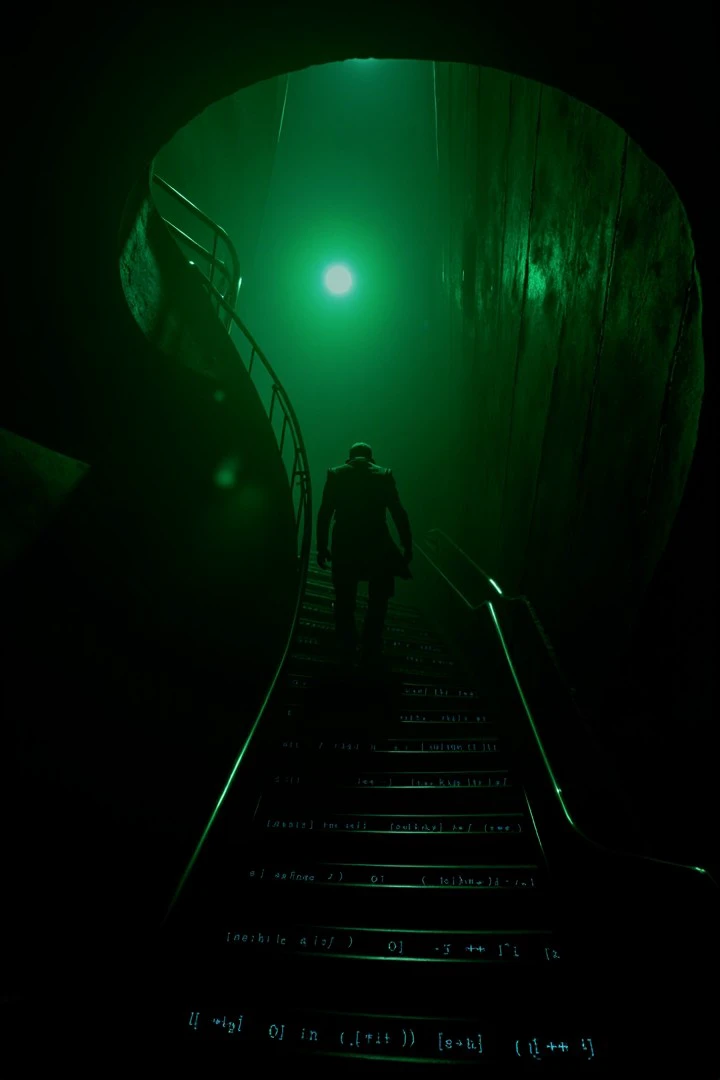 mtrixs style, cinematic, realistic, <lora:flux_02_matrix_mtrixs_style:1>
A figure descending a spiral staircase in a dark tower: The only light comes from a single glowing, green source above, casting eerie shadows. The character’s dark figure contrasts against the smooth metallic walls, with faint traces of code running along the stairs.