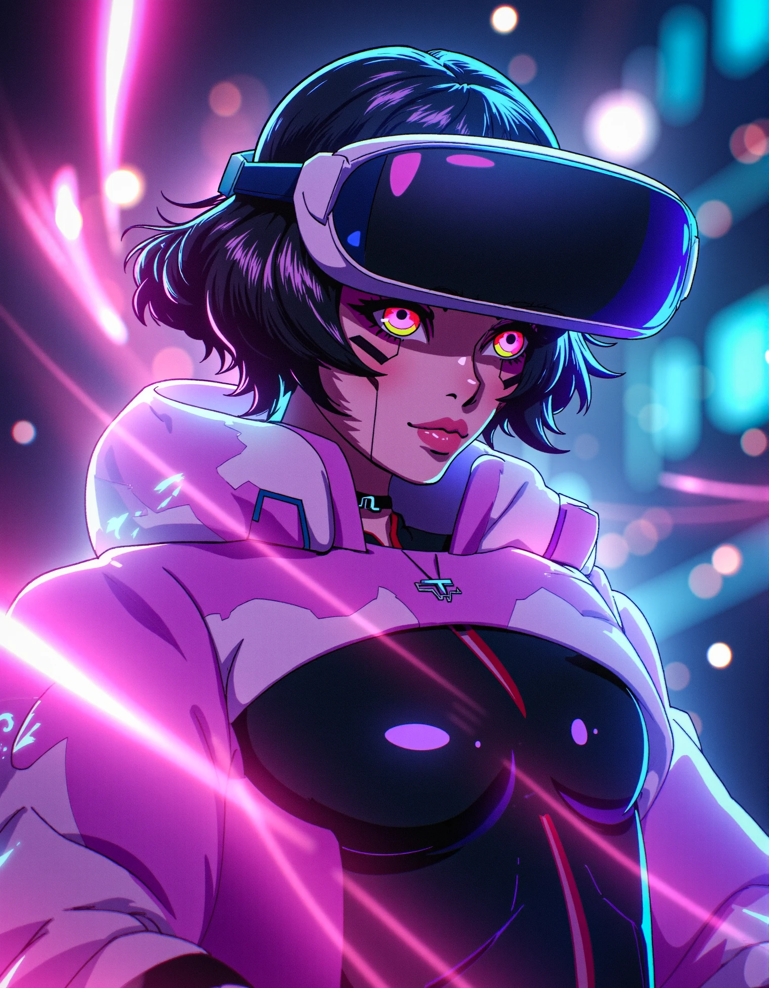 zavy-sasha, a young woman wearing a black bodysuit and pink with white shrugs in comic style, surrounded by swirling holograms as she hacks into a virtual reality world, her eyes glowing with determination