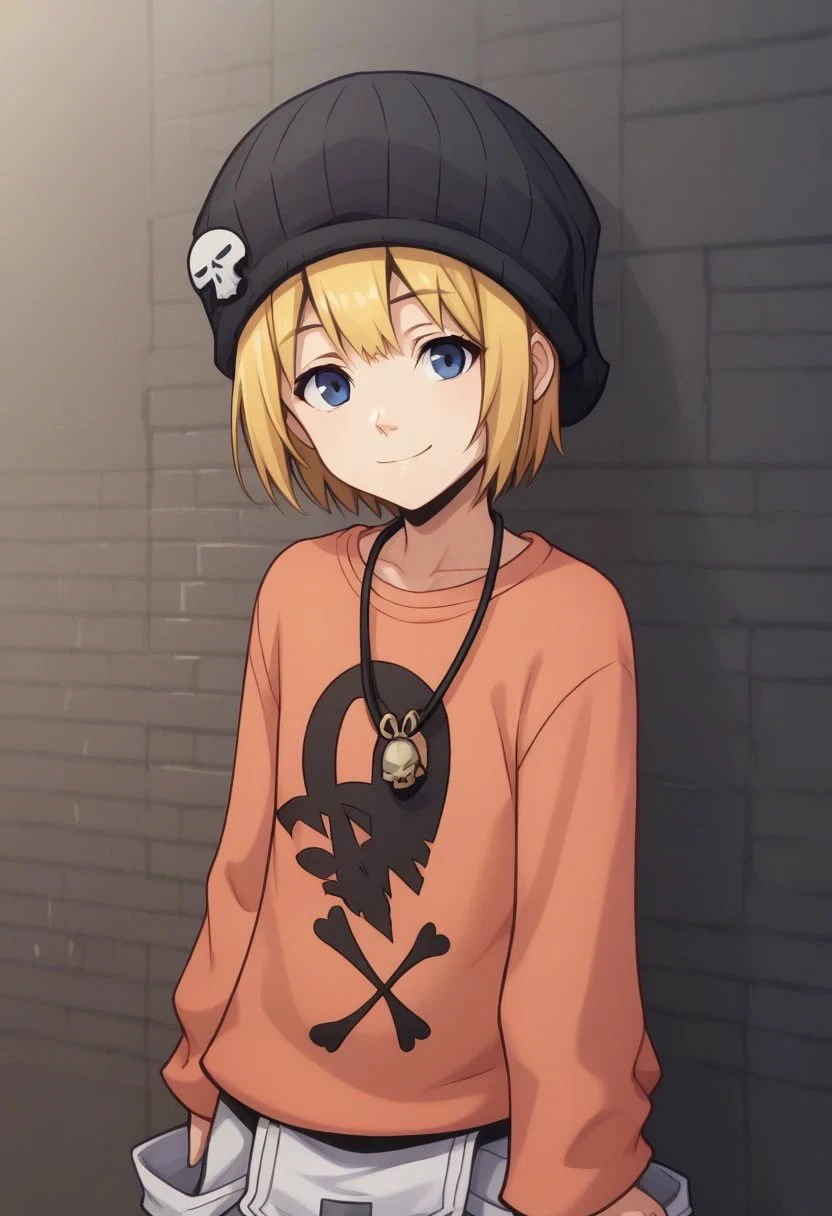 score_9, score_8_up, score_7_up, source_anime, highly detailed, 
raimu, solo, blue eyes, blonde hair, hat, smile, shirt, black headwear, beanie, long sleeves, looking at viewer, standing, short hair,  bangs, skull print, 1girl, orange shirt, sleeves past wrists, portrait,
outdoor, wall, graffiti,