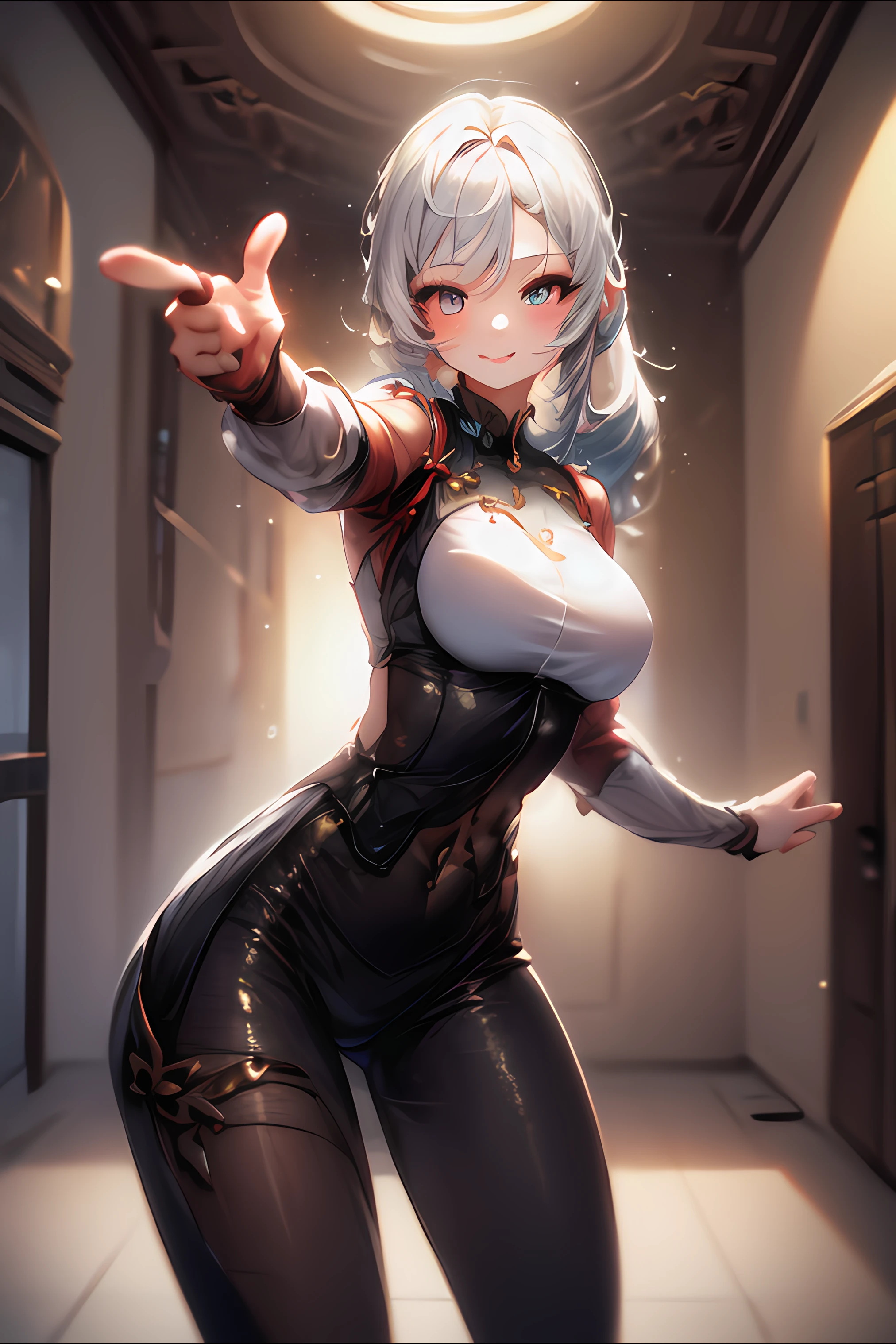 (masterpiece), high quality, cinematic lightning, 1girl, shenhe, white hair, long hair, solo, finger gun, focus on hand, pointing forward, confident, lightly smile, standing, indoor background, celling, wall, <lora:Pointing_Forward_Finger_Gun_for_SD_model__pose-000009:0.85> <lora:add_detail:1>  <lora:Shenhe_Hard:1>