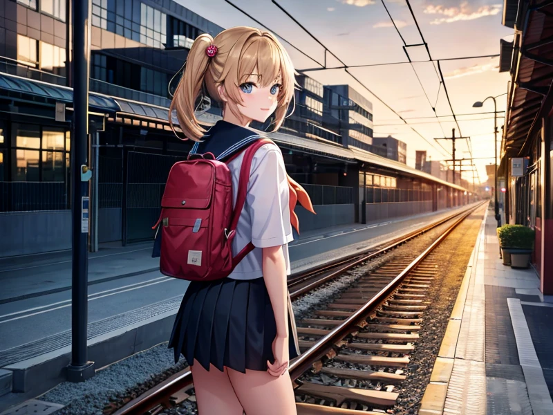 anime movie,outdoors,train station platform,train,railroad tracks,sunset,yuuhi kurenai,cloud,school_uniform,building,1girl,loafers,sky,cityscape,shoes,school_bag,city,skirt,solo,cloudy_sky,scenery,power_lines,serafuku,white_legwear,house,railroad_tracks,sailor_collar,backpack,looking_at_viewer,blue_eyes,road,sunset,pleated_skirt,utility_pole,short_hair,socks,tree,shoulder_bag,skyscraper,blonde_hair,shirt,street,mountain,photo_background,railing,black_skirt,short_sleeves,hair_ornament,brown_footwear,one_side_up,real_world_location,evening,red_neckerchief,town,ground_vehicle,lamppost,twilight,holding,twintails,skyline,blush,from_side,bangs,orange_sky,neckerchief,train,black_footwear,standing,smile,long_hair,sidewalk,stairs,, (masterpiece,best quality:1.4),unparalleled masterpiece,finely detail,incredibly absurdres,perfect artwork,highres,hdr,8k,cg,perfect anatomy,ultra detail illustration,anime screencap,original,extremely detailed unity 8k cg wallpaper,natural lighting,cinematic lighting,BREAK,