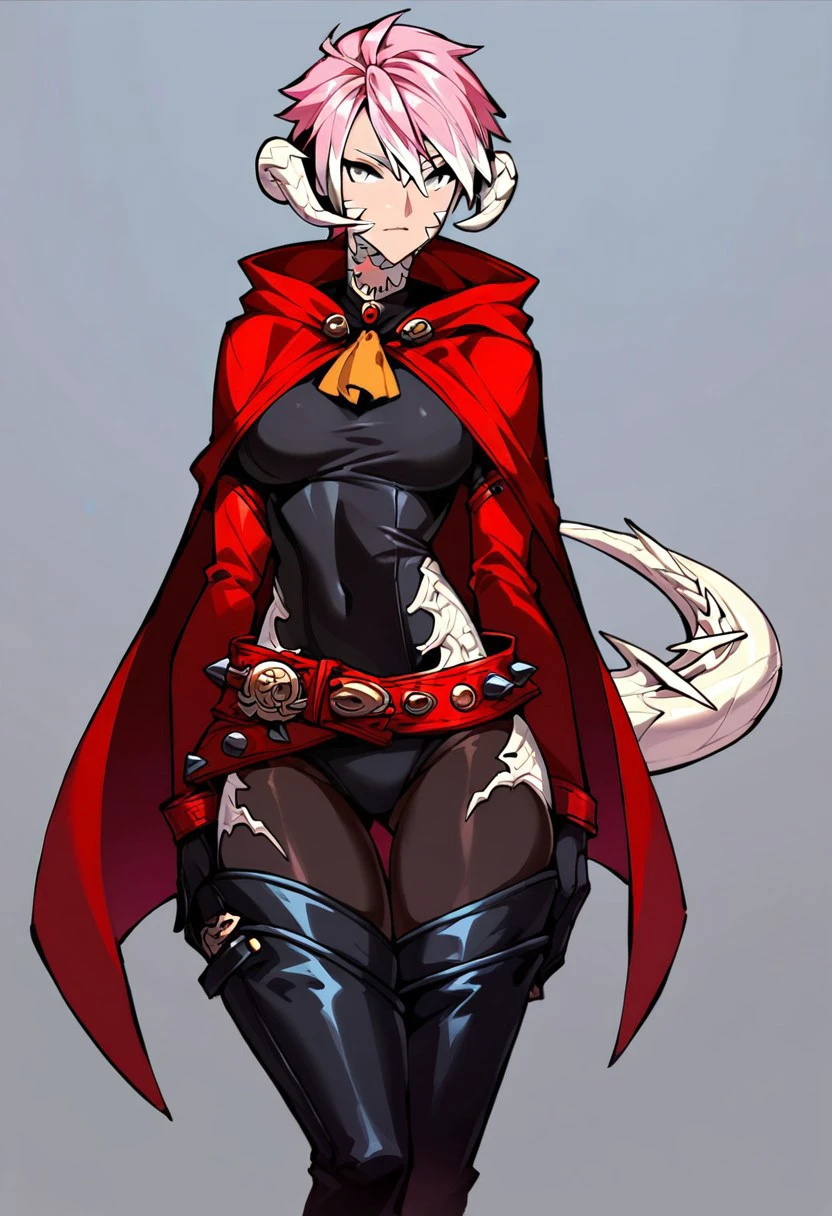 score_9, score_8_up, score_7_up, 1girl, solo, Au Ra, dragon girl, grey eyes, short hair, pink hair, light skin, large perky breasts, toned, horns, white scales, spiked tail, white highlights, full bodysuit, black bodysuit, red cloak, red sleeves, black gloves yellow ascot, thigh high boots, black boots, tassel belt, cowboy shot,