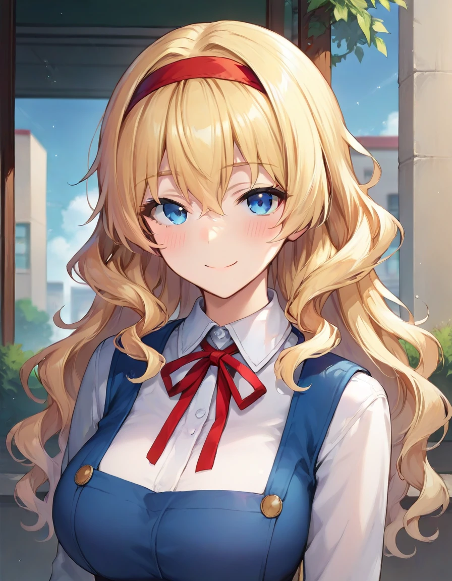 score_9,score_8_up,score_7_up,score_6_up BREAK official art,solo,outdoors,upper body,(portrait:1.5),looking at viewer,facing viewer,smile,blush,Yukina,blonde hair,long hair,wavy hair,hair intakes,red hairband,sidelocks,hair between eyes,bangs,blue eyes,school uniform,neck ribbon,red ribbon,pinafore dress,short dress,blue dress,white shirt,collared shirt,long sleeves,lace-trimmed dress,huge breasts,taut clothes,zettai ryouiki,white thighhighs,loafers,<lora:Yukina(kjk)-Pony>,<lora:Smooth Anime Style LoRA XL:0.8>,