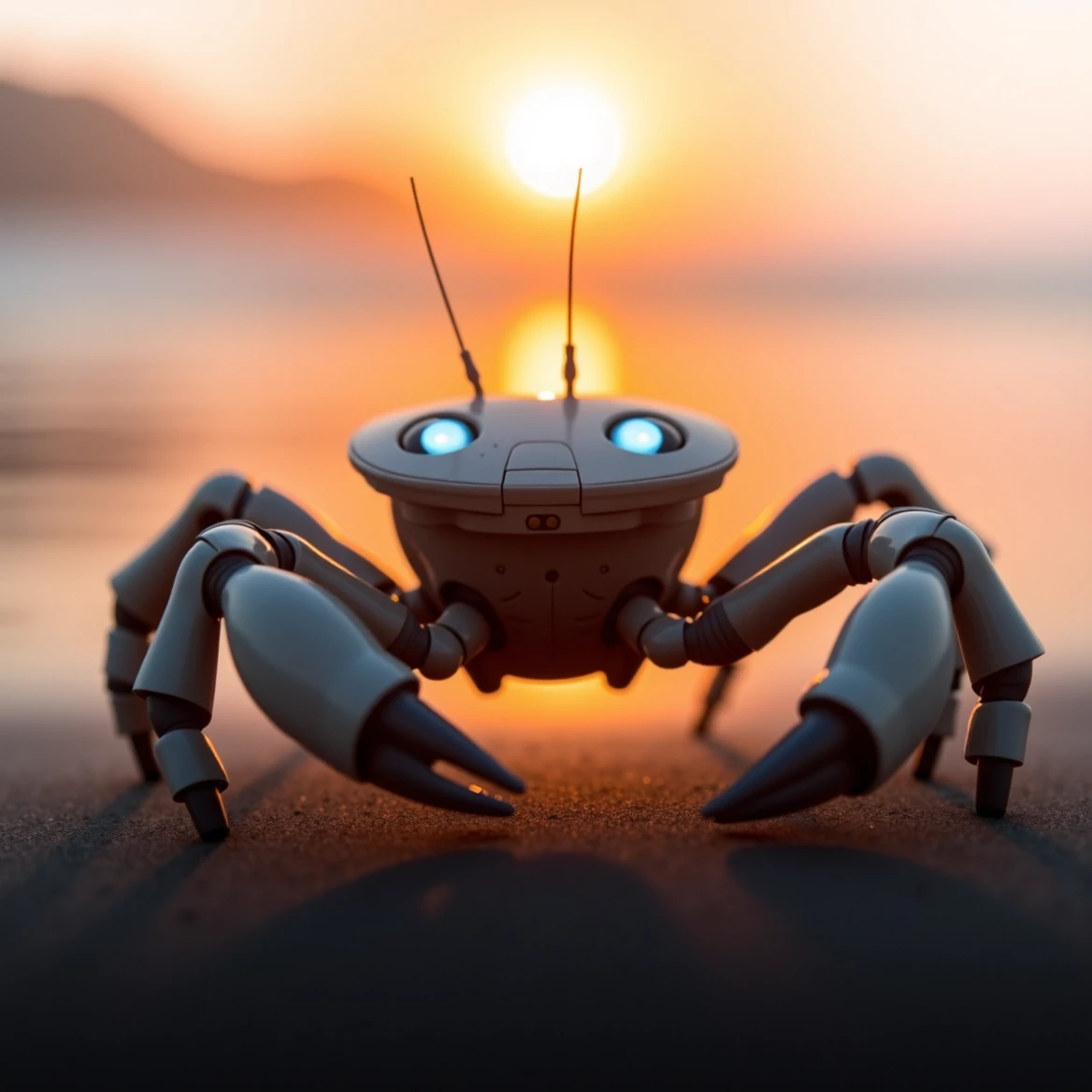 <lora:Horizon01:1.2>,Horizon machine, robotic crab on beach at sunset, with glowing blue eyes and antennae against a backdrop of golden light.,<lora:Hyper-FLUX.1-dev-16steps-lora:0.125>,