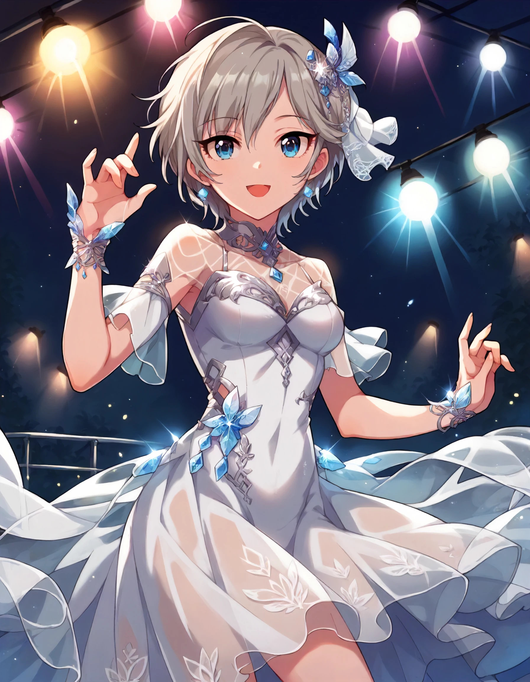 score_9,score_8_up,score_7_up,1girl,solo,cowboy shot,looking at viewer,smile,open mouth,stage lights,
<lora:anastasia_ponyXLV6:0.8>,cganya,
grey hair,short hair,blue eyes,
hair ornament,white dress,(see-through:0.8)