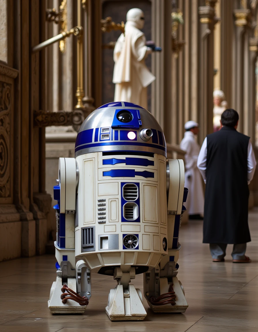 a Photo of a r2d2 star wars droid,beautiful composition,at a Ornate Cathedral â Intricate gothic architecture and towering spires.,Make paper airplanes,lucasfilm,star wars characters in background,8k,tacksharp, <lora:r2d2:1>