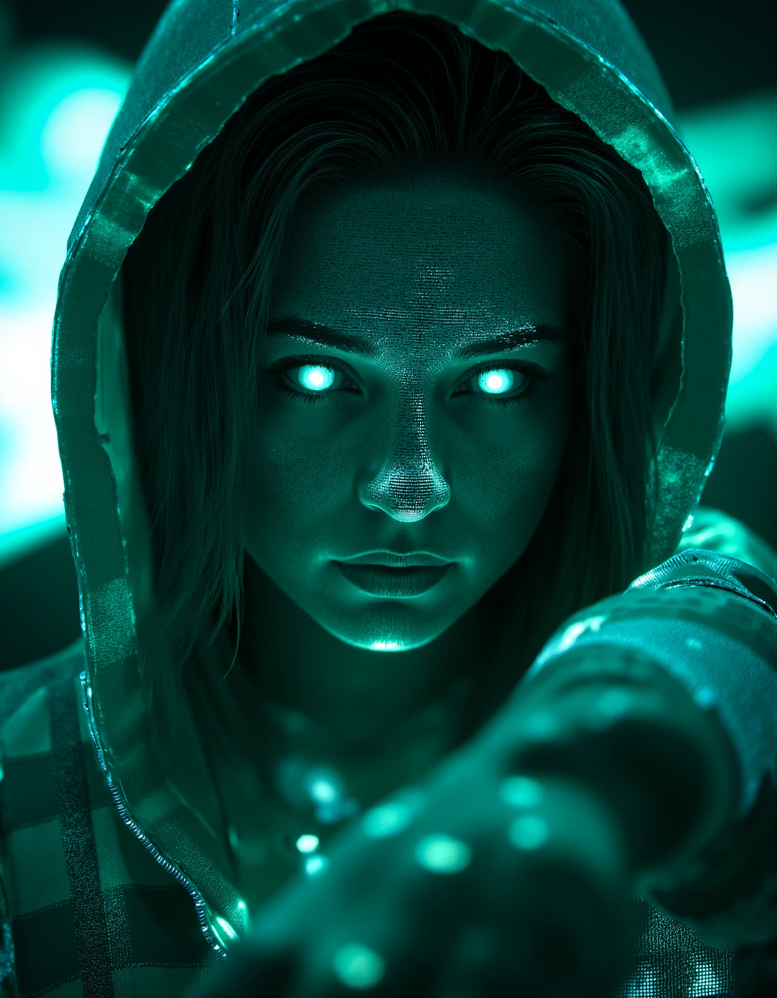 zavy-cbrspc, a holographic hacker looking direclty in the camera in her hoody and cyberware, netrunner, cyberspace, green