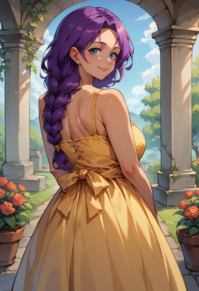 score_9, score_8_up, source_anime, 1girl, solo, ChaMmVT, mature female, blue eyes, mole under mouth, purple hair, long hair, braided ponytail, hair over shoulder, dark skin, from behind, yellow sundress, garden, day, sunshine, smile, looking back, <lora:ChamChaChaPonyXL:1>