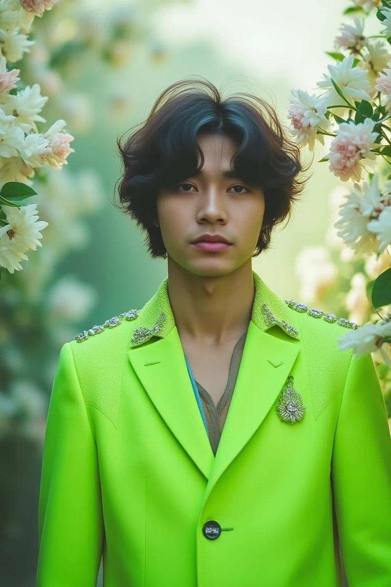 A fashion-forward young man with wavy, tousled dark hair stands amidst a soft, dreamy garden setting, surrounded by blurred, blooming white and pink flowers in the background. He wears an eye-catching, vibrant neon green coat with a shimmering texture, intricate beading along the shoulders and lapels, and floral-themed buttons. The atmosphere has a soft, ethereal glow, with diffused natural light casting a delicate haze on the scene, creating a surreal yet serene mood. The composition focuses on the contrast between the sharp, modern, avant-garde outfit and the lush, romantic floral background, evoking a sense of high-fashion artistry and natural elegance.