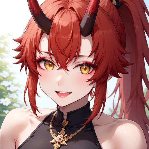 An anime style artwork of Zeriastra smiling while looking at you, closeup, head and shoulders