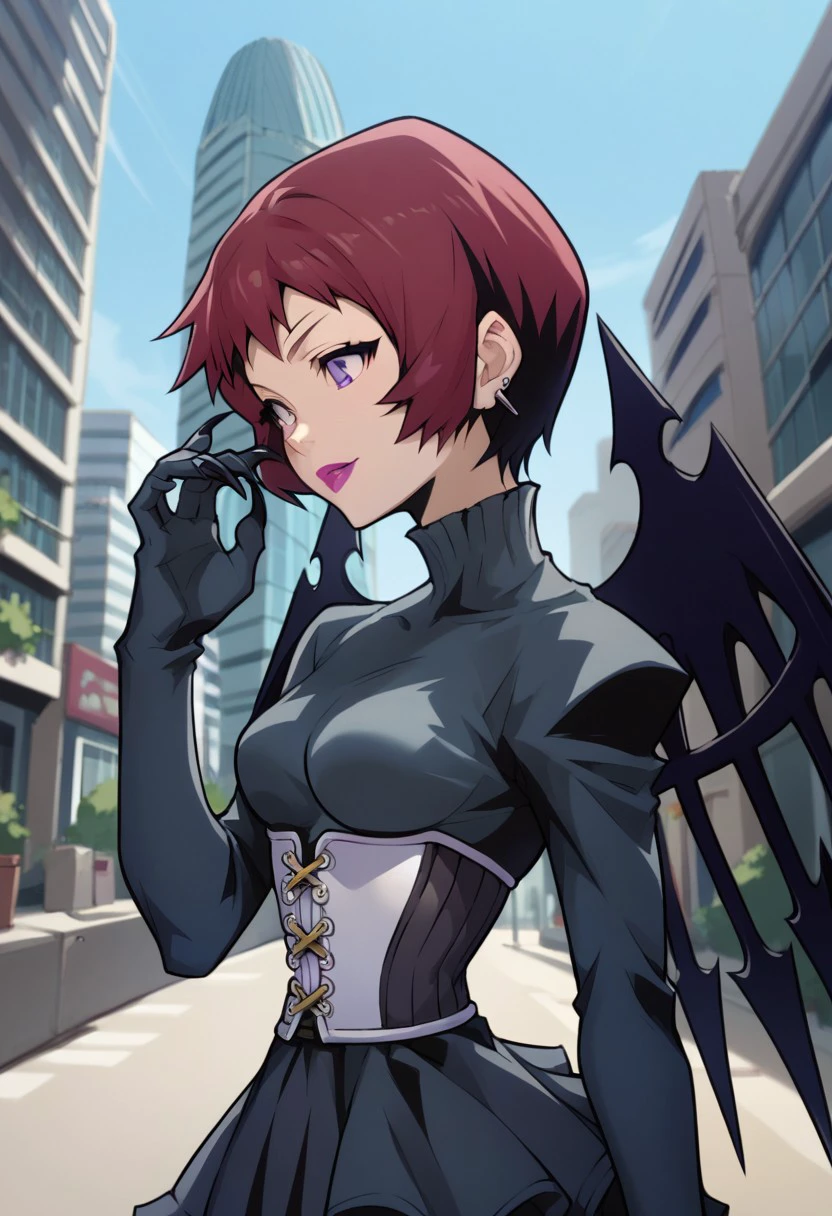 score_9, score_8_up, score_7_up, source_anime, highly detailed, 
uzuki, 1girl, solo, wings, black wings, short hair, lipstick, makeup, red hair, purple eyes,
gloves, claws, corset, grey shirt, earrings, hand up,
outdoor, street, building, sky,