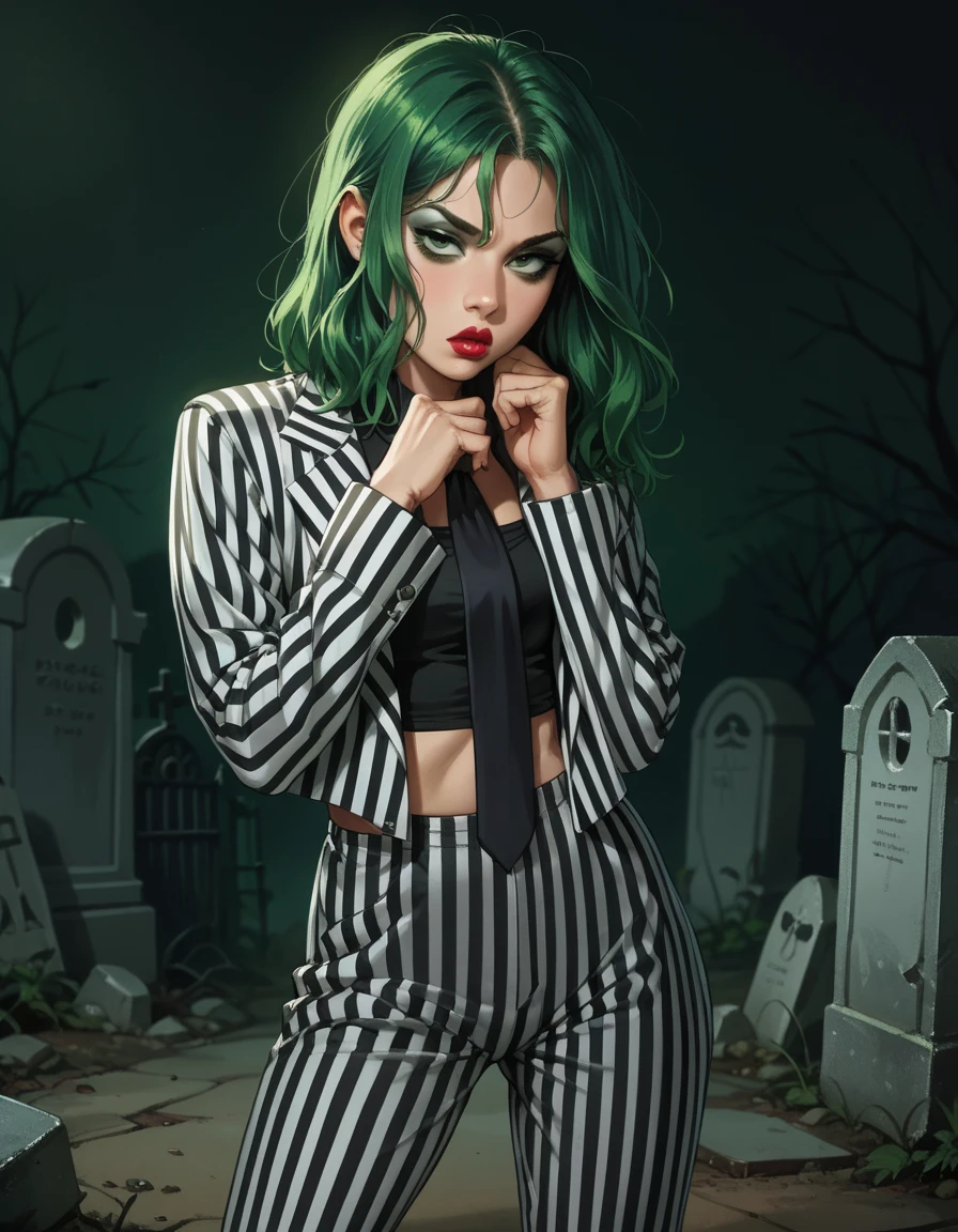 score_9, score_8_up, score_7_up, score_6_up, score_5_up, score_4_up, 1girl, long green hair, eyeshadow, lipstick, solo, hud_b33tl3_j, pinstripe suit, striped pants, necktie, crop top, <lora:ms_beetlejuice-000008:0.6>, graveyard