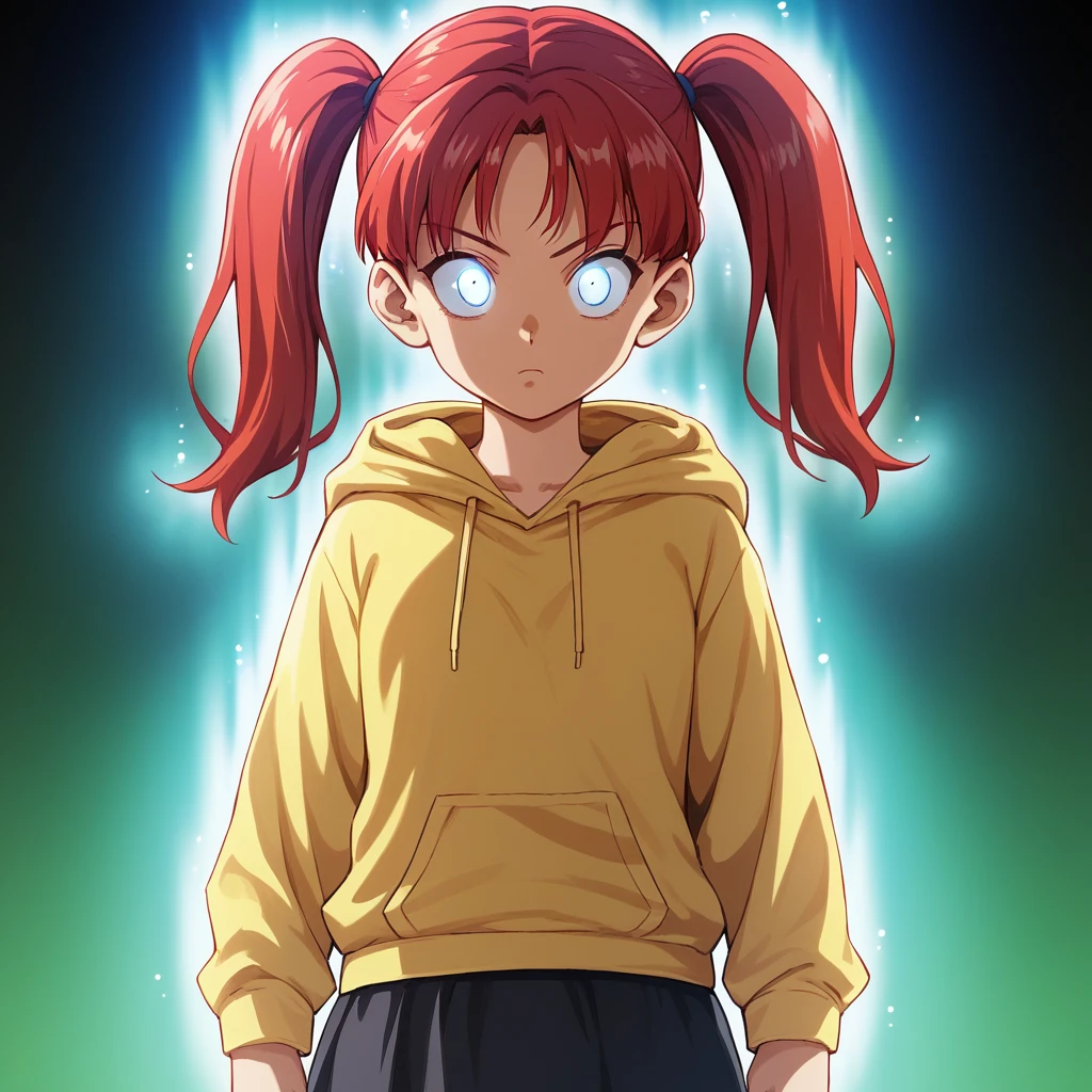 score_9_up, score_8_up, BREAK, UltraInstInctAura, aura, light particles, glowing skin, glowing clothes, 1girl, solo, red hair, twintails, yellow hoodie, black skirt, arms at sides,  <lora:UltraInstinctAura_PXL_Leaf2:1>, ,