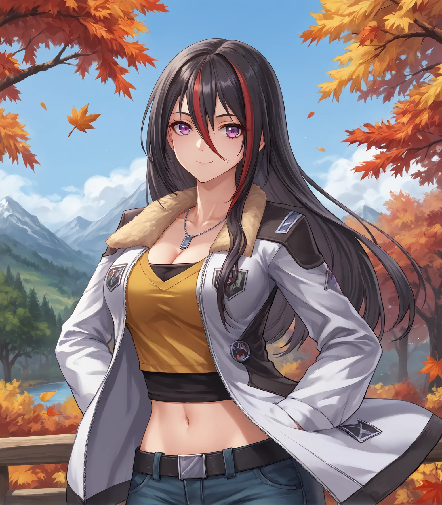 score_9, score_8_up, score_7_up,
1girl, solo,
<lora:EmiliaHarling:0.9>, Emilia Hurling, black hair, streaked hair, red hair, long hair, hair between eyes, purple eyes, large breasts, white jacket, fur-trimmed jacket, long sleeves, dog tags, cleavage, yellow shirt, midriff, navel, jeans, belt, white boots,
cowboy shot ,, looking at viewer, happy, smile,
outdoors, distant mountain, autumn, sky, trees, leaves, stream,
<lora:LDART_style_pony_v3:0.7>,, <lora:Racoonkun_Artist_Style:0.4>, racoonsan,,