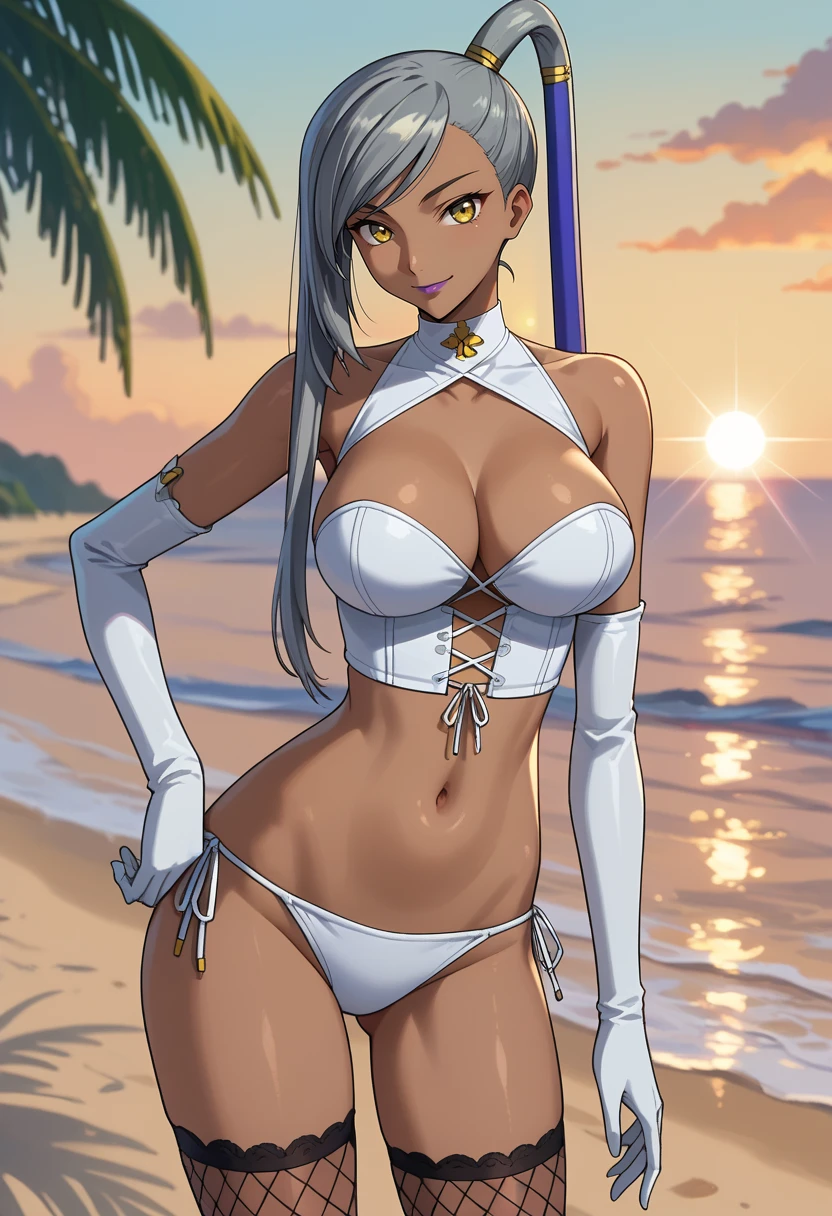 score_9, score_8_up,
<lora:CodeGeass_VillettaNuXL:0.8>,
1girl, closed mouth, light smile,
dark skin, dark-skinned female, long hair, grey hair, side ponytail, swept bangs, yellow eyes, purple lips,
bustier, white bikini, perky breasts, large breasts, side-tie bikini bottom, elbow gloves, white gloves, fishnet thighhighs,
hand on own hip, thighs, thigh gap, standing, looking at viewer,
sunset, lens flare, horizon, blurry background, beach