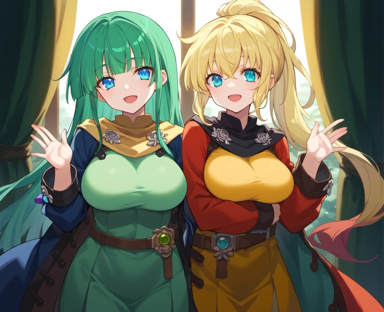 score_9, score_8_up, score_7_up, source anime, nagi su ragarl, masou shizuka, multiple girls, 2girls, blonde hair, ponytail, long hair, green hair, duel monster, green dress, yellow dress, red robe, breasts, closed eyes, smile, open mouth, blue eyes, belt, multicolored hair, large breasts, curtains, blue robe, yellow scarf, black scarf, <lora:ragarl_shizuka-xl-pony-v1:1>,