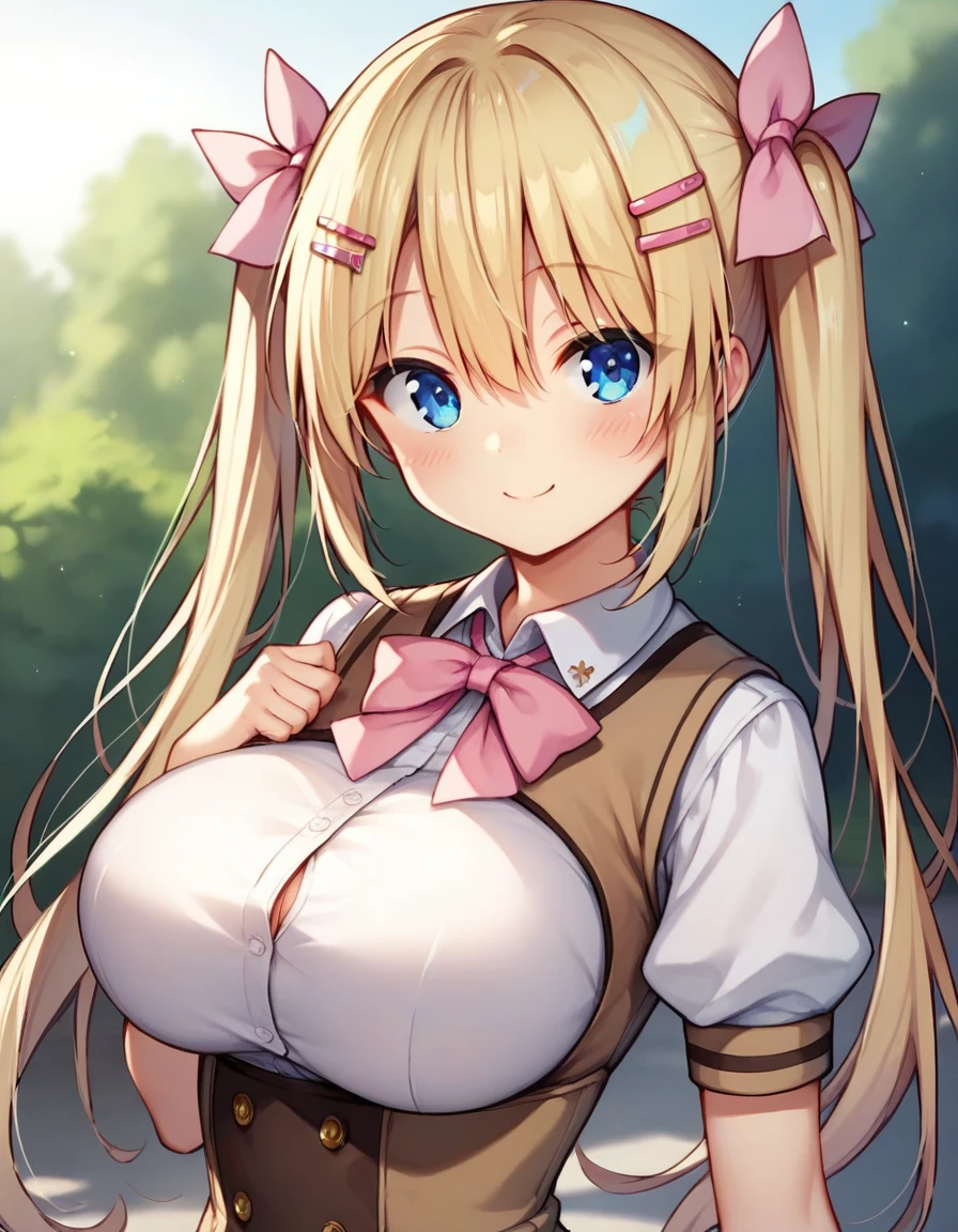 score_9,score_8_up,score_7_up,score_6_up BREAK official art,solo,outdoors,upper body,(portrait:1.5),looking at viewer,facing viewer,smile,blush,Toono Arisu,blonde hair,long hair,twintails,hair bow,pink bow,hair ribbon,pink ribbon,pink hairclip,sidelocks,hair between eyes,bangs,blue eyes,school uniform,neck ribbon,pink ribbon,brown vest,white shirt,collared shirt,puffy short sleeves,large breasts,underbust,framed breasts,impossible clothes,skindentation,corset,miniskirt,brown skirt,pleated skirt,frilled skirt,zettai ryouiki,frilled thighhighs,white thighhighs,loafers,<lora:Toono Arisu(n jk l)-Pony:0.9>,