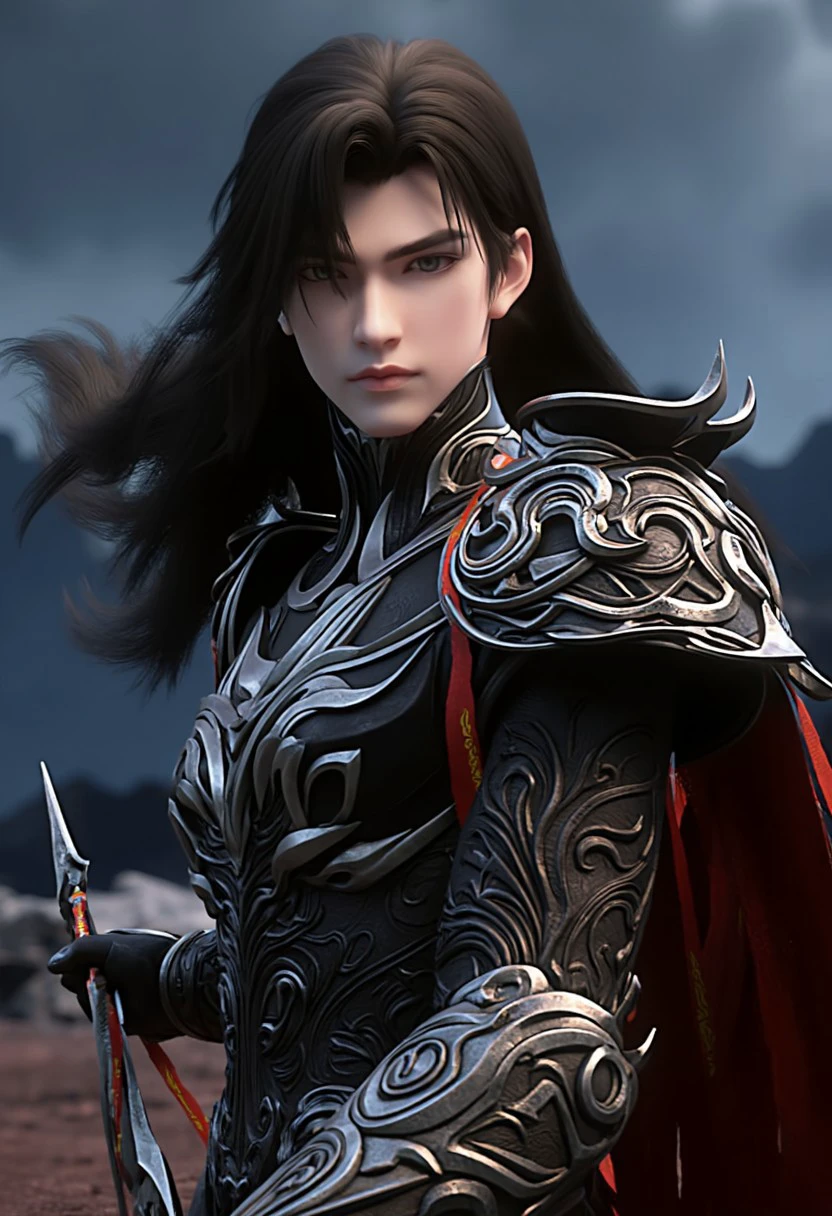 This is a highly detailed CGI rendering of a fantasy character ashedshihao, depicted in a realistic style. The character is a young asian man with pale skin and long, flowing dark black hair that cascades down his back. He has a stern, focused expression, with sharp, angular features. His attire is elaborate and ornate, consisting of a dark, metallic armor that covers his entire body, including intricate patterns and designs. The armor is predominantly silver with red and gold accents, giving it a regal and formidable appearance. 
He holds a javelin in his left hand, which is partially visible, suggesting he is ready for battle. The background features a rocky, mountainous landscape with deep shadows and muted colors, creating a dramatic and foreboding atmosphere. The sky is overcast, with dark, ominous clouds, adding to the sense of impending danger or conflict. The overall mood of the image is intense and serious, emphasizing the character's readiness and strength. The lighting is soft yet directional, casting subtle highlights and shadows that enhance the textures and details of both the character and the environment.