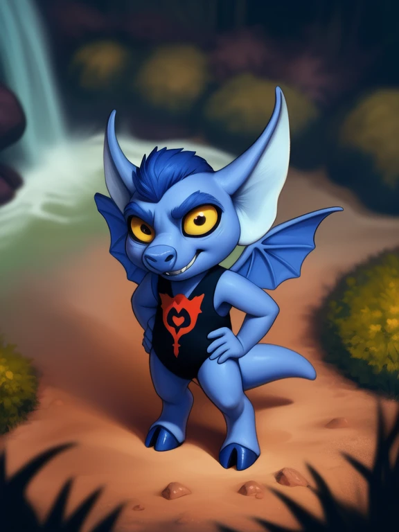 <lora:ImpShRaCartoonIIYiF:1> ImpShRaCartoonII, imp, (chibi, small body,) black T-shirt,,  Mohawk,  blue skin, Small wings, Small Tail, Yellow sclera, black eyes, hooves,  
Looks at the viewer, [ solo, nature, forest, day, clouds, waterfall,] grin, ((Hands on hips, standing, high-angle view,))
(beautiful, aesthetic, perfect, delicate, intricate, saturated colors), masterpiece, digital drawing, best quality,
by ulitochka, by taran fiddler, by Silverfox5213, by personalami,