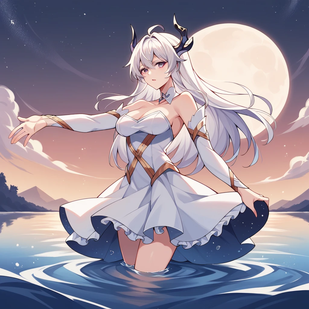 score_9_up, score_8_up, score_7_up, source_anime, 1girl, solo, GuYuena, Form_2nd, lake, moon light, starry sky, night sky, wading, stretching hand towards viewer, parted lips, white hair, long hair, purple eyes, strapless dress, white dress, frilled dress, gold trim, bare shoulders, detached collar, detached sleeves, long sleeves, frilled skirt, short skirt, white skirt, white thighhighs, hair ornament, dragon horns, crown, mature body, dynamic cowboy shot, outdoors, sky clouds, still water background