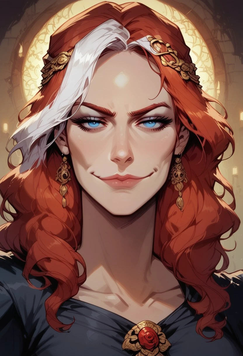 score_9, score_8_up, score_7_up, BREAK, 1woman portrait, beautiful, dramatic lights ((Loshe. Loshe Divinity Original Sin 2. LosheDOS2. mulitcolored hair. redandwhitehair. white highlights, blue eyes, smug, closed mouth))