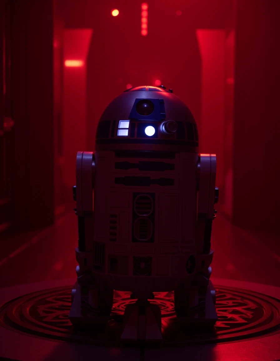 a Photo of a r2d2 star wars droid,beautiful composition,at Darth Vaderâs Meditation Chamber - The dark, sterile interior of Vaderâs private meditation chamber, bathed in red light.,lucasfilm,star wars characters in background,8k,tacksharp, <lora:r2d2:1>, <lora:star wars style v1:1> star wars style