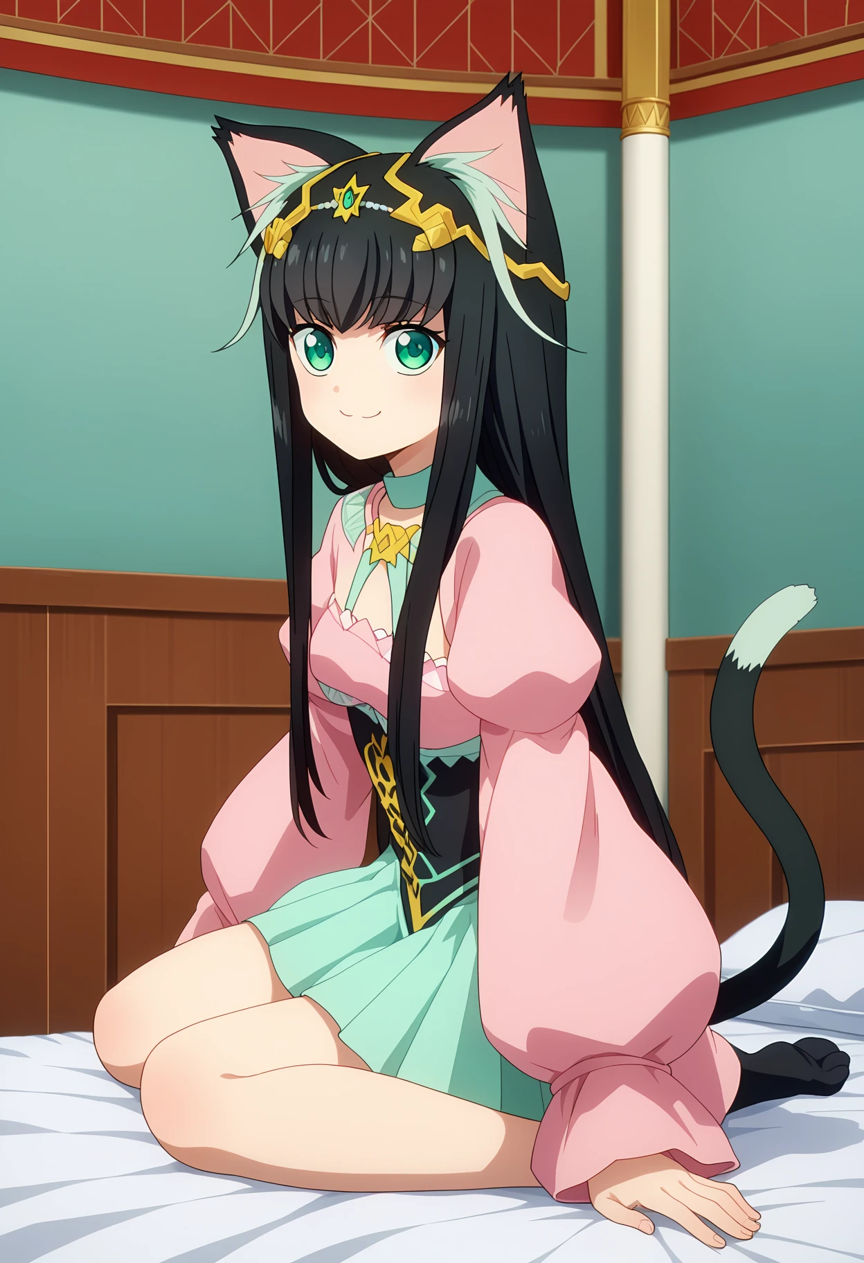 score_9, score_8_up, score_7_up,source_anime,
BREAK
1girl, solo, 
<lora:shiTamaV1:1>, smol, tamayng, long hair, black hair, multicolored hair, tiara, 
green eyes, cat tail, cat ears, animal ears, 
looking at viewer, smile, 
indoors, bed,