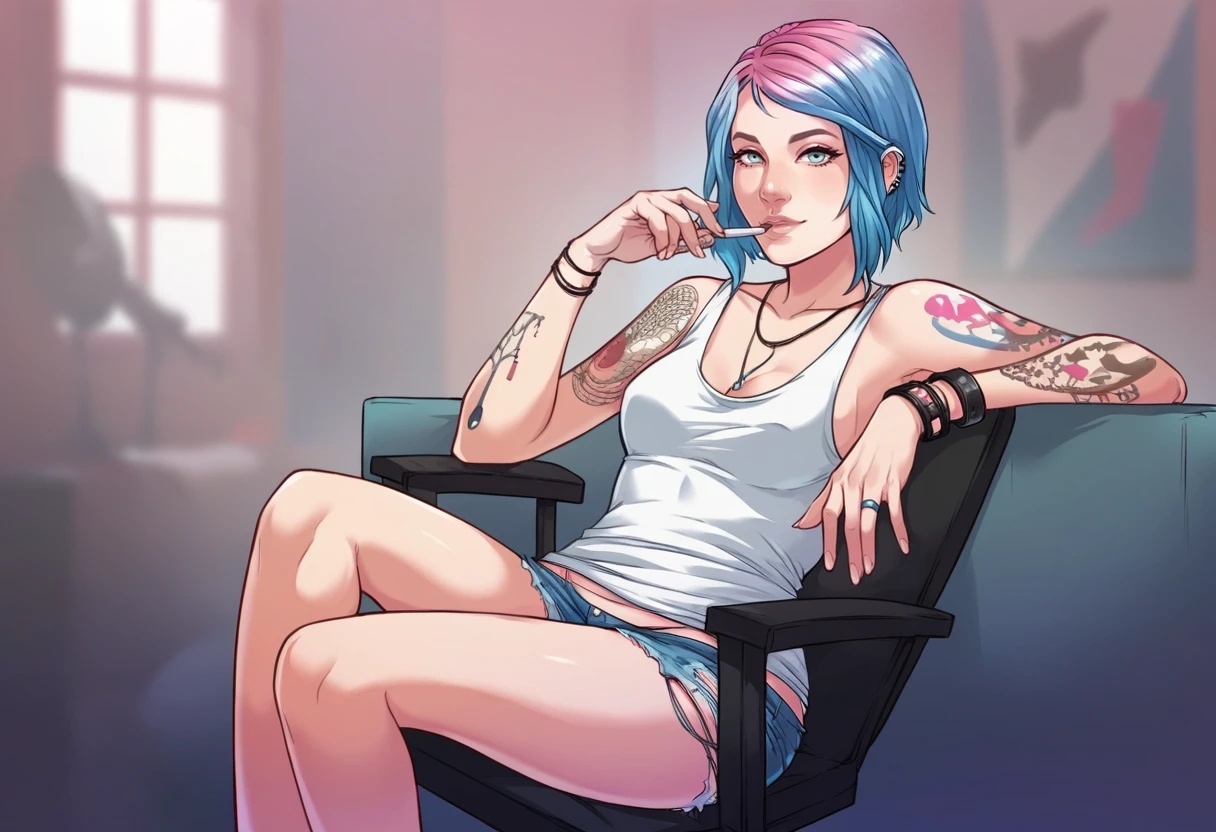 1girl, solo, Chloe Price, sitting on chair and listen music, (smoking:0.6), tattoo, indoor teenage bedroom, blue hair, perfect fingers, looking at viewer,    <lora:Eva_KissV2.5:1>, score_9, score_8_up, score_7_up,