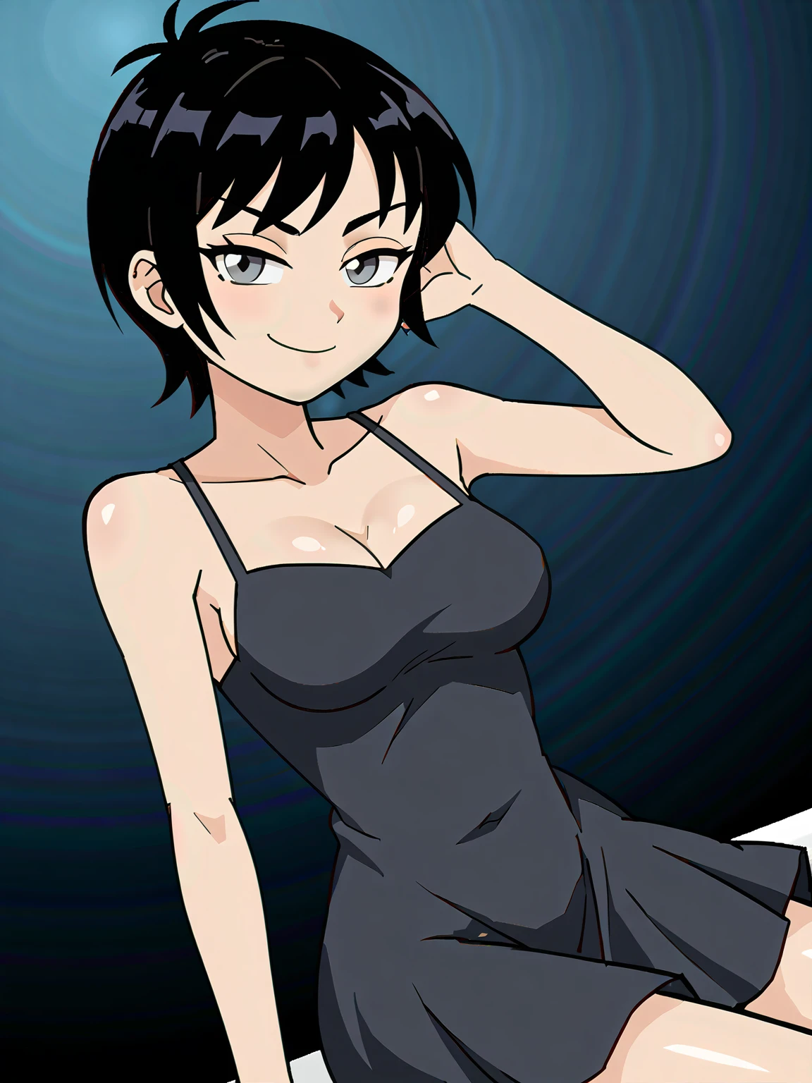 (3wtrix), grey eyes, short black hair, smug
<lora:3wtrix:0.9>, looking at viewer
1girl, dress