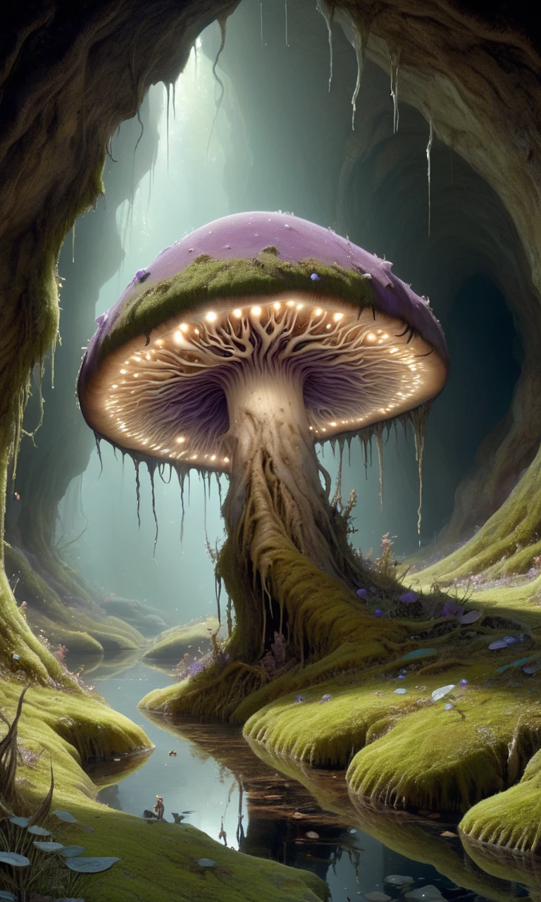 (((in the style of Brian Froud painting))), A living mushroom cap, a velvety, earthen-brown dome, speckled with phosphorescent lichen, occupies the upper right corner of the image, its gentle curve echoing the contours of the cavern ceiling. Below, centered in the composition, a plump, pearlescent body, reminiscent of a polished river stone, rests delicately on a bed of luminous moss that carpets the cavern floor. Two large, multifaceted eyes, like shimmering amethysts, gaze upwards from beneath the cap, reflecting the soft glow of the cavern ceiling, positioned in the upper left quadrant. Delicate, root-like tendrils extend downwards from the base of the creature, anchoring it to the moss and reaching towards a pool of crystalline water in the lower left corner. The background, a network of glowing fungal threads and crystalline formations that stretches across the entire right side of the image, creates a mesmerizing tapestry of light and texture. The overall scene evokes a feeling of serene beauty and the interconnectedness of life within this hidden grotto, a testament to the wonders that thrive in darkness
 <lora:tiny_people-000018:1>