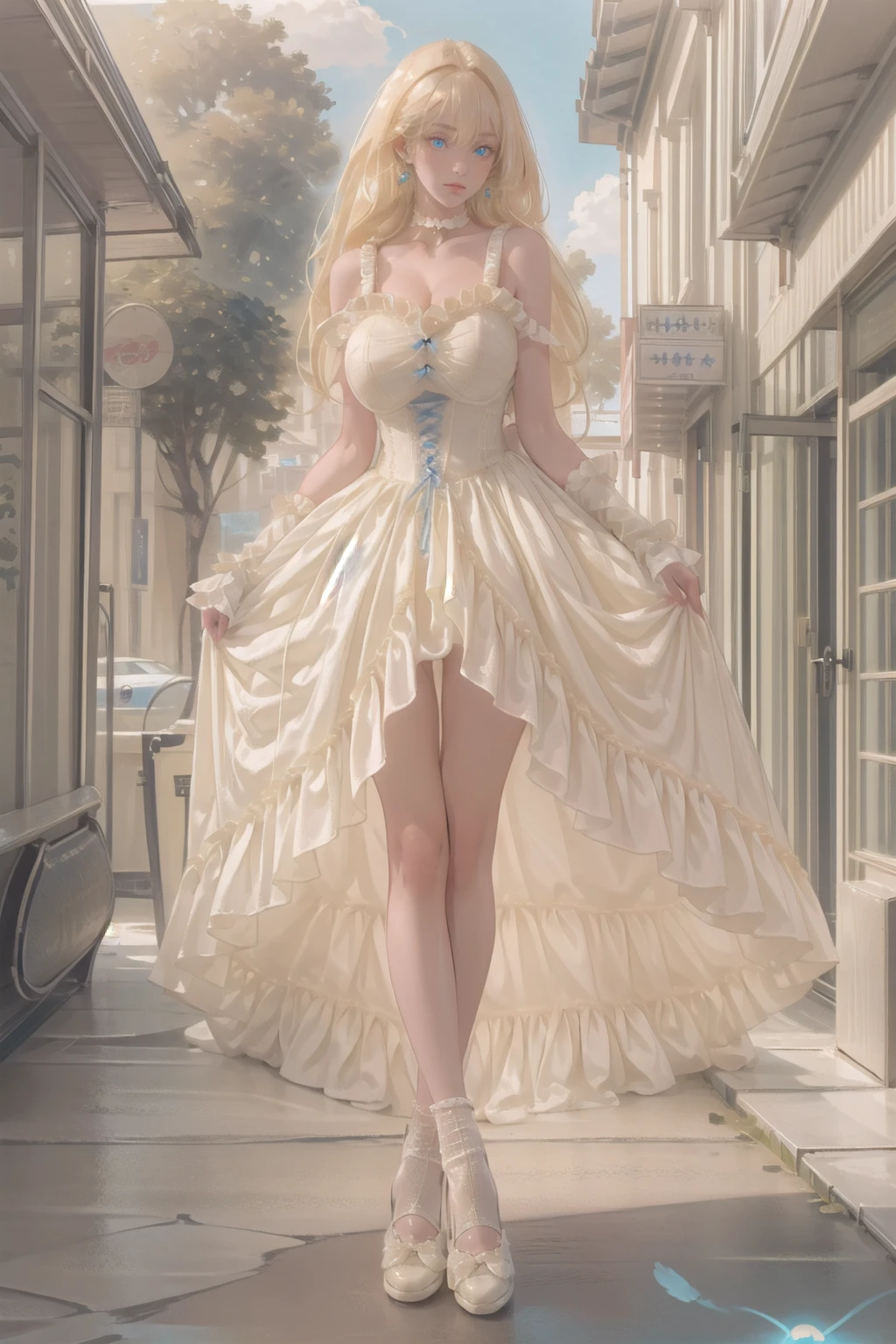 (masterpiece, best quality:1.2),illustration,8k,hd,solo,(blonde hair:1.4),1 girl,very long hair,solo,yg,white dress,earrings,choker,collarbone,footwear,heel,white gloves((cleavage:1.2)),huge breasts,(outdoors:1.4),(glowing blue eyes:1.3),full body,