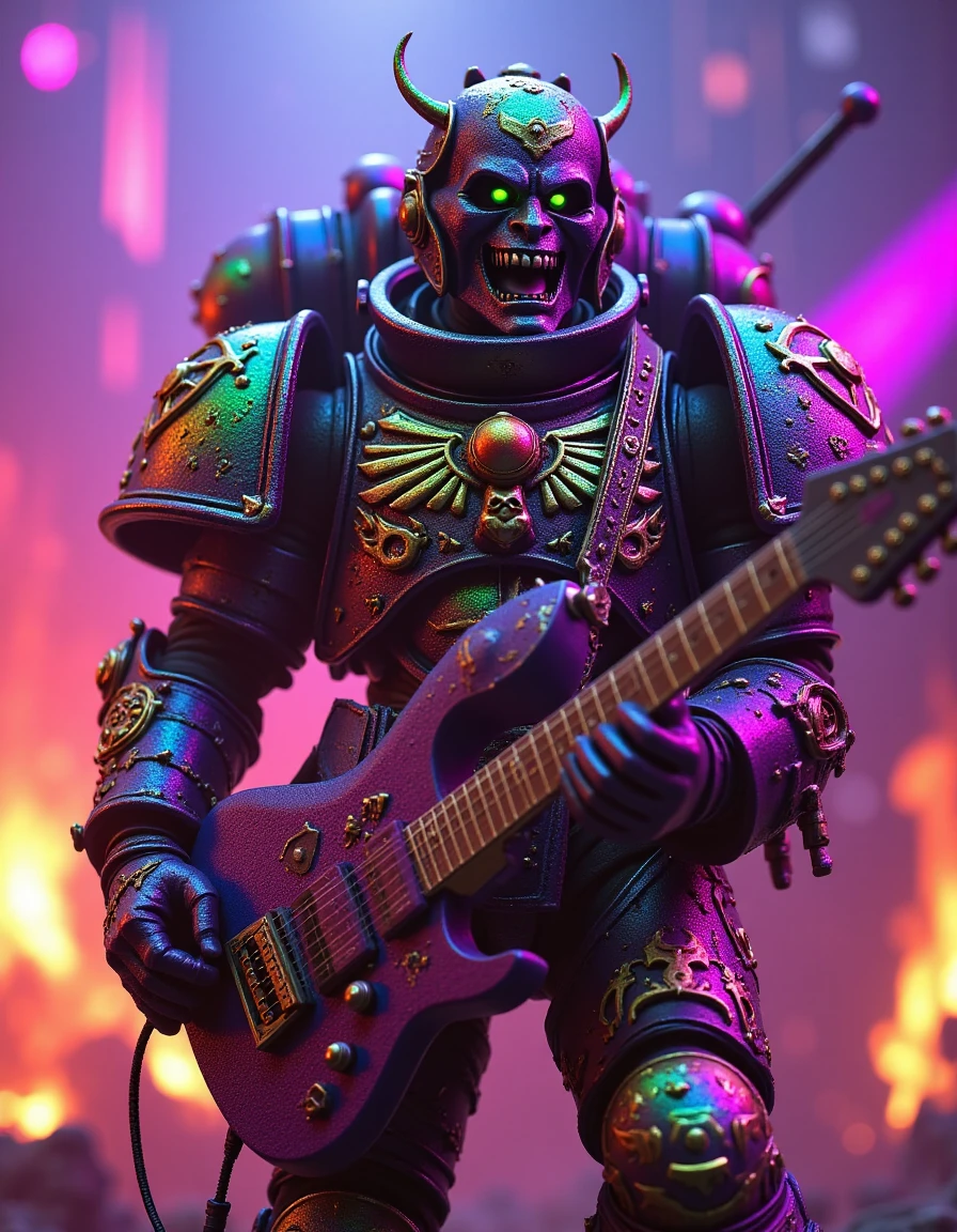 Imagine a vivid, explicit and uncensored photorealistic high-definition 8k professional image featuring a Noise Marine in Space Marine Power Armor wearing a helmet with a screaming speaker mouth playing an electric guitar plasma gun flamethrower on a stage surrounded by rainbow pyrotechnics, his kaleidoscopic iridescent rainbow armor is covered in elaborate glowing symbols and glitter