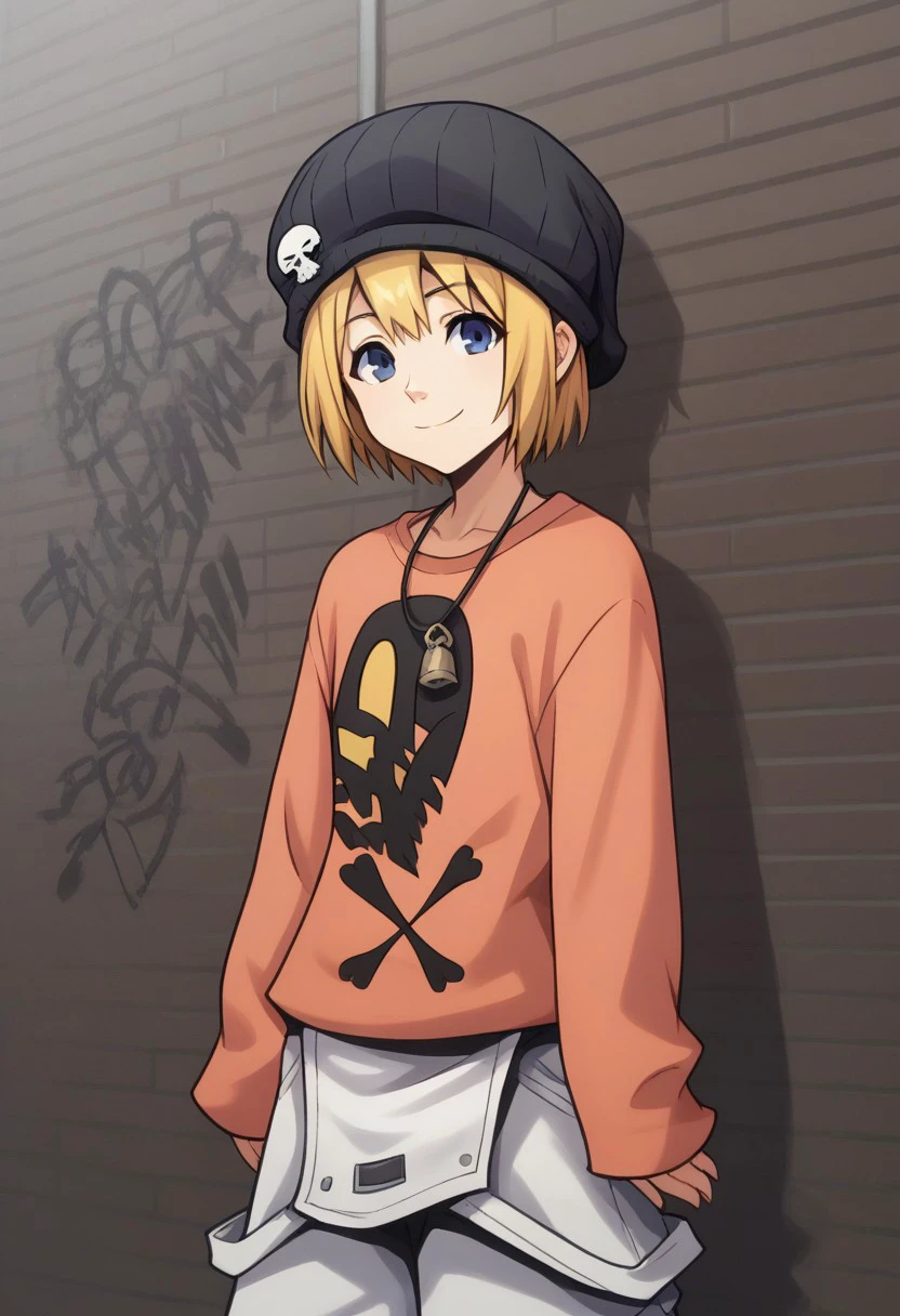 score_9, score_8_up, score_7_up, source_anime, highly detailed, 
raimu, solo, blue eyes, blonde hair, hat, smile, shirt, black headwear, beanie, long sleeves, looking at viewer, standing, short hair,  bangs, skull print, 1girl, orange shirt, sleeves past wrists,
outdoor, wall, graffiti,