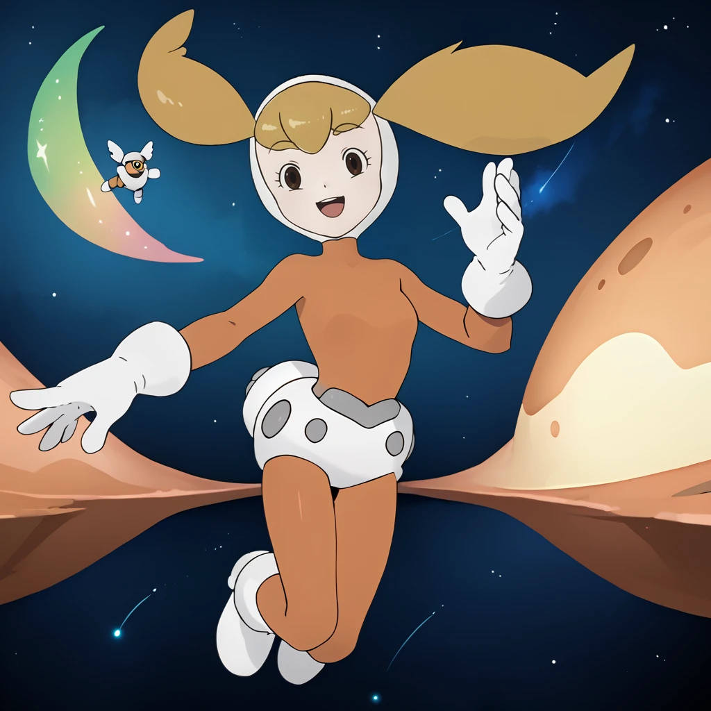 score_9, score_8_up, score_7_up, 1girl, solo, uncensored,  kaibaneiro,  smile, open mouth, flying, looking at viewer,  blonde hair, brown eyes, white hood, orange bodysuit, white gloves, white footwear, outdoors, abstract background, space, stars, planets   <lora:KaibaNeiroXL_v1.0:1.2>