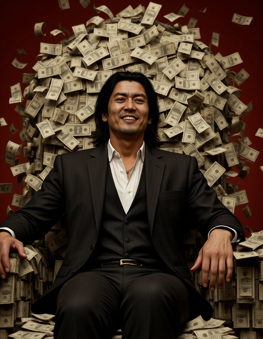 <lora:Shun Akiyama_epoch_11:0.8> Shun Akiyama is laughing while sitting on a throne made of money.