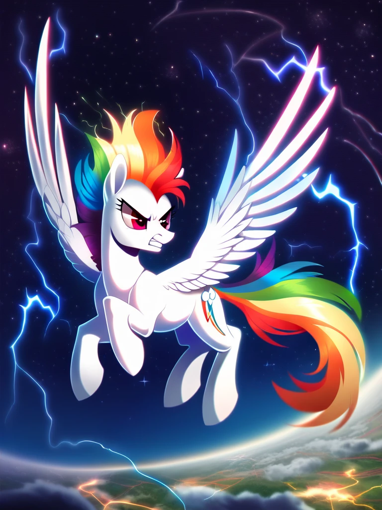 score_9, score_8_up, score_7_up, score_6_up, score_5_up, score_4_up, source_pony, feral pony, Super_Rainbow_Dash, white fur, glowing, ki, ultra instinct, electricity, aura, flying, space, star \(sky\), moon, detailed background, detailed face, detailed eyes, <lora:superdash-v1:1>