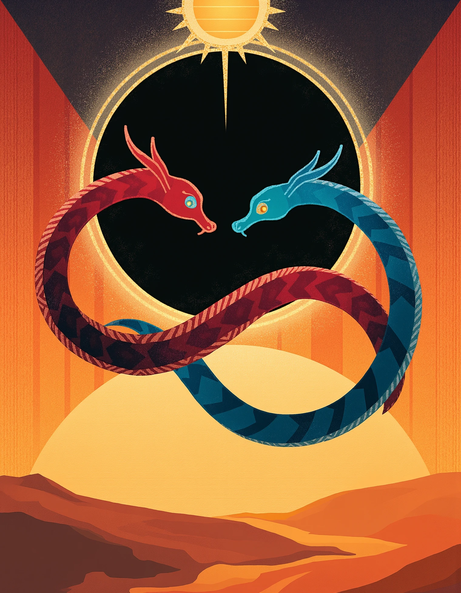 zavy-trtrt, An Art Deco painting in flat design and geometric abstraction style featuring two mythical serpents, one ruby and one sapphire, intertwined as they spiral toward a black sun surrounded by a halo of light. Beneath them, the desert sand shifts in geometric patterns