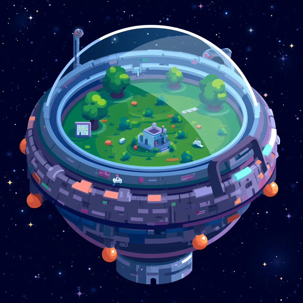 Kurzgesagt style, vector graphics illustration of a huge futuristic spherical space-station. The space station looks like a ball with the bottom half metallic with pipes and instrumentation all over and the top half a glas dome. Within the dome a lush green landscape is visible with a few primitive buildings within. The space-station is floating in a starry sky and has a few tiny rocket boosters for navigation. , <lora:Kurzgesagt_style_vector_graphics_FLUX_v1_r1-000031:1>