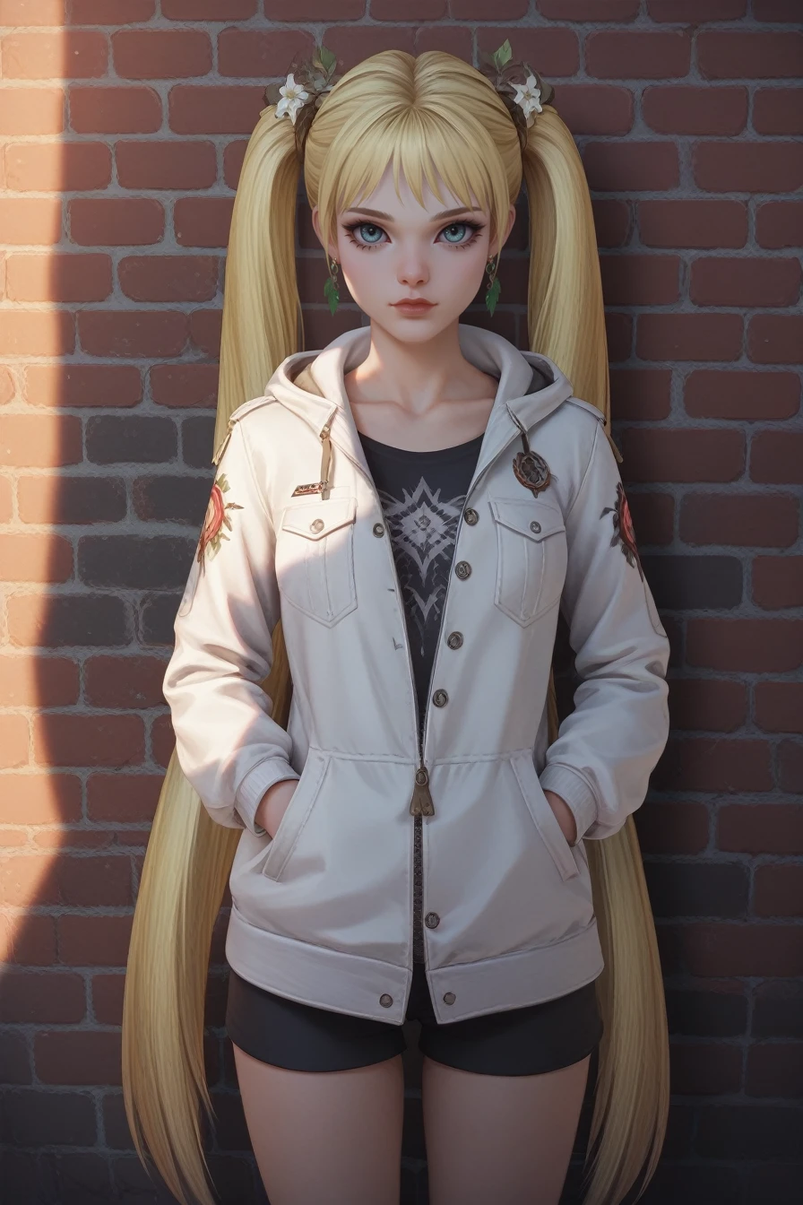 score_9, score_8_up, score_7_up, score_6_up
<lora:LANia:0.8>
LANia, 1girl, blonde hair, twin tails, looking at viewer, leaning against a brick wall, hands in jacket pockets, urban alleyway with graffiti art, moody lighting with shadows, edgy and modern vibe