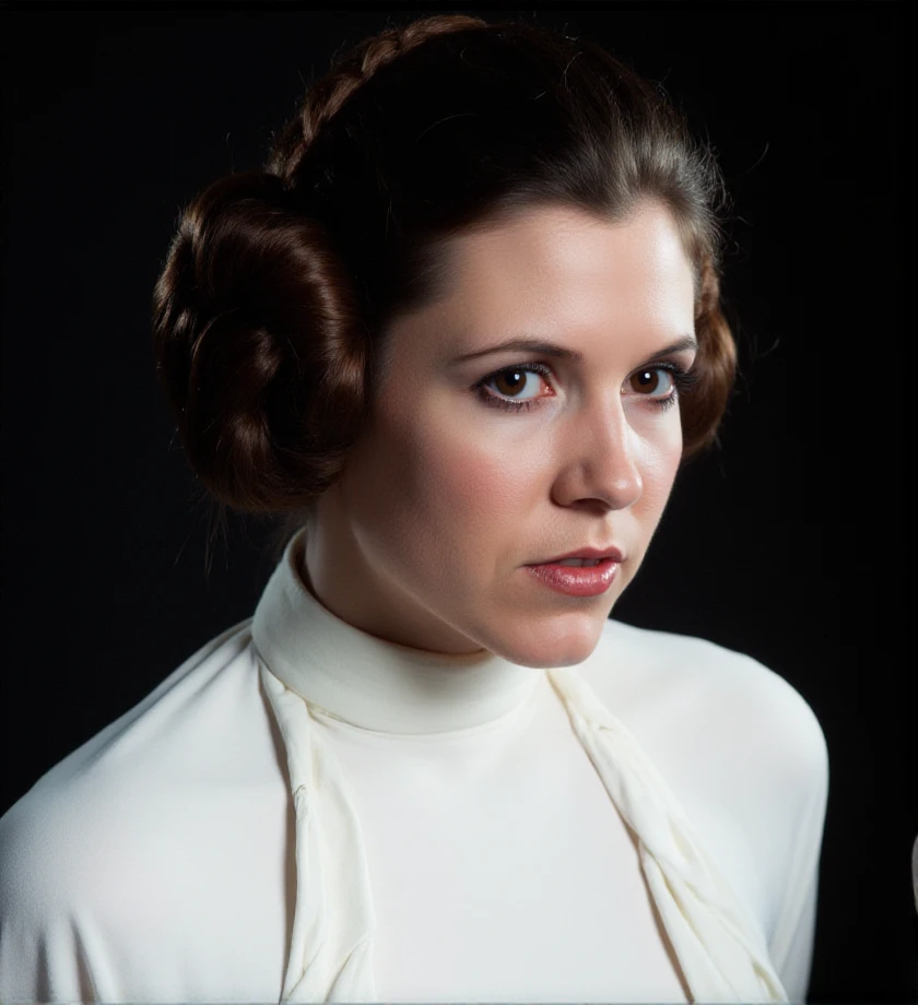 <lora:princess-leia-flux-p3r1n:1> p3r1n, face, white dress, star wars style background