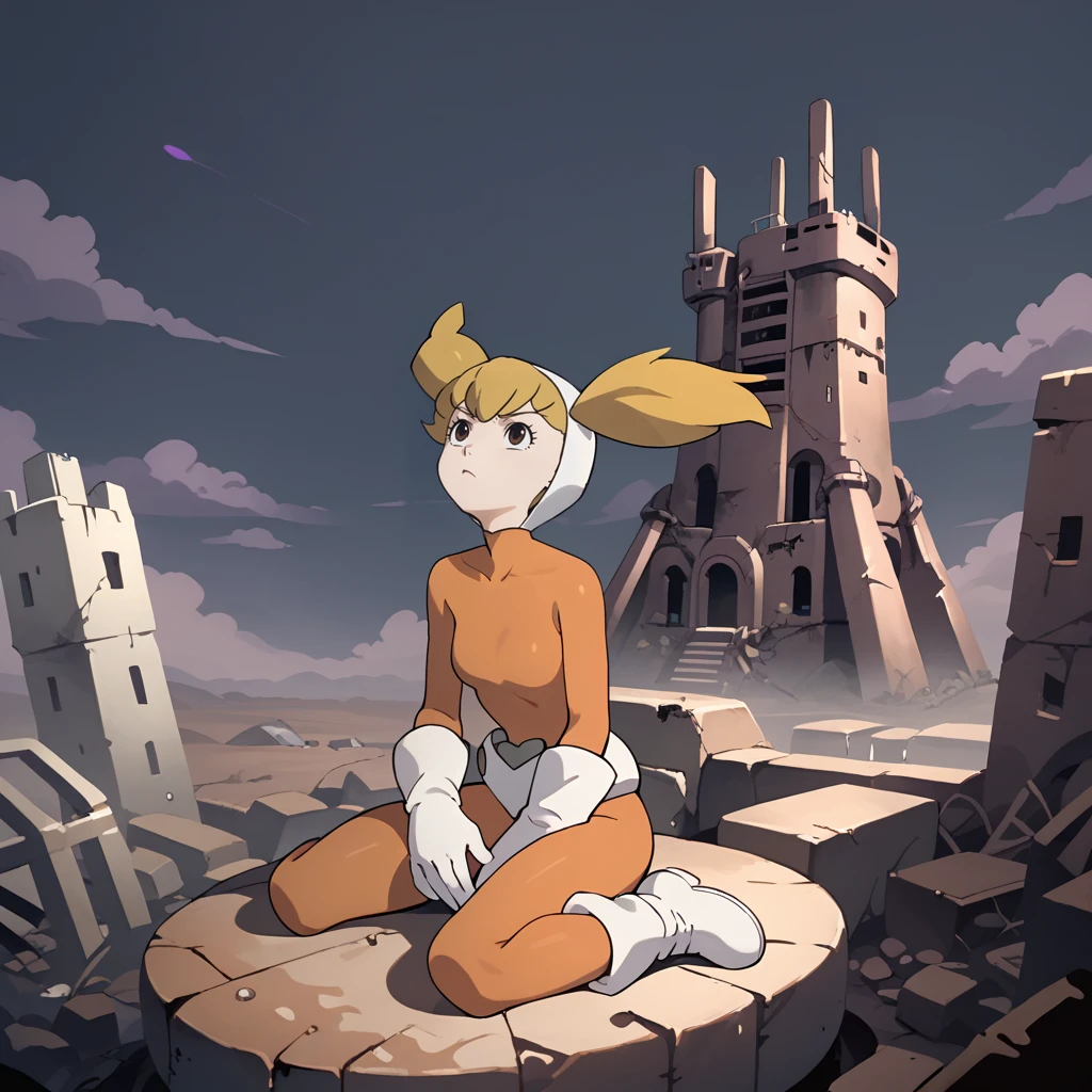 score_9, score_8_up, score_7_up, 1girl, solo, uncensored,  kaibaneiro,  serious, sitting, looking up, blonde hair, brown eyes, white hood, orange bodysuit, white gloves, white footwear, outdoors, abstract background, wasteland, ruins, tower, purple clouds, dark clouds, dark sky,   <lora:KaibaNeiroXL_v1.0:1>