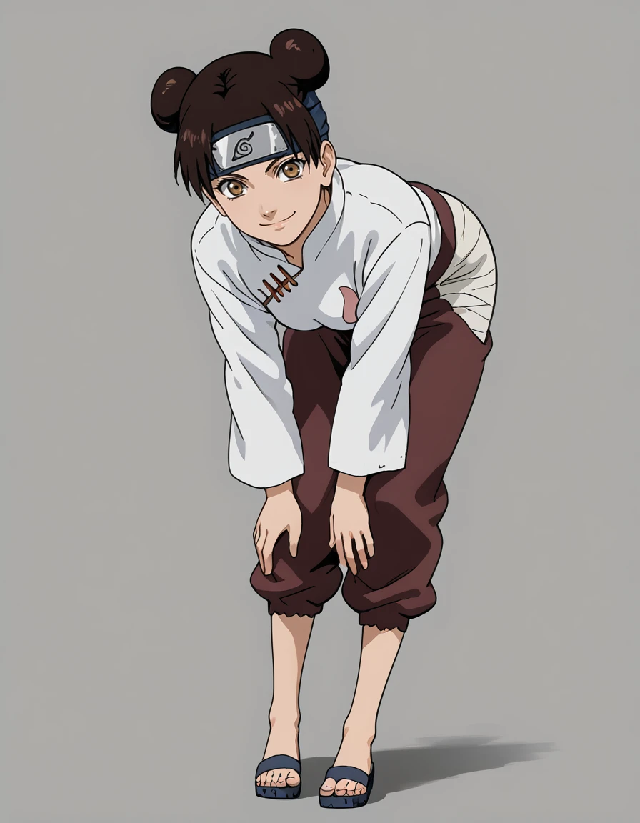 <lora:Tenten:1>, tenten, 1girl, solo, shippuden outfit, white shirt, simple background, full body, long sleeves, pants, sandals, headband, smile, bent over, holding onto own legs, looking at the viewer