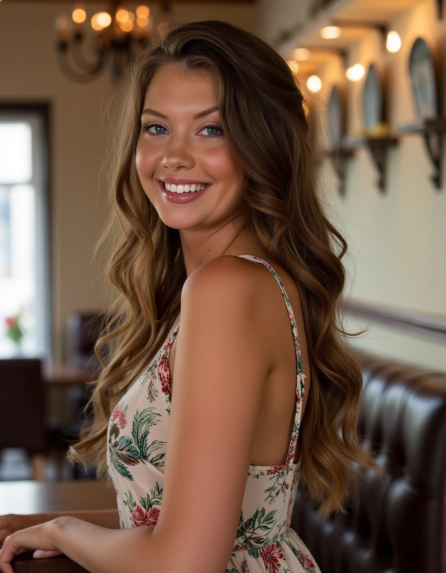 <lora:Elena_Koshka_Flux:1> beautiful detailed photograph, hair cascading over her shoulders, wearing a dress standing in cafe looking at the viewer, smiling