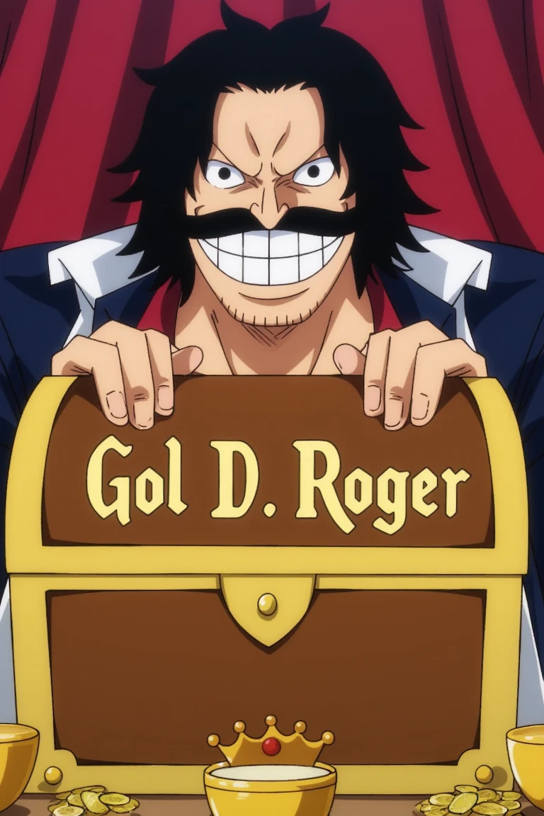 an anime male in anime screencap style, RogerOP has black hair, facial hair, and black eyes, he is sitting behind a table as he grins on a closed treasure box, the treasure box has the words "Gol D. Roger" written on it in a stylistic bold font, there are gold coins, crowns, and golden cups on the table