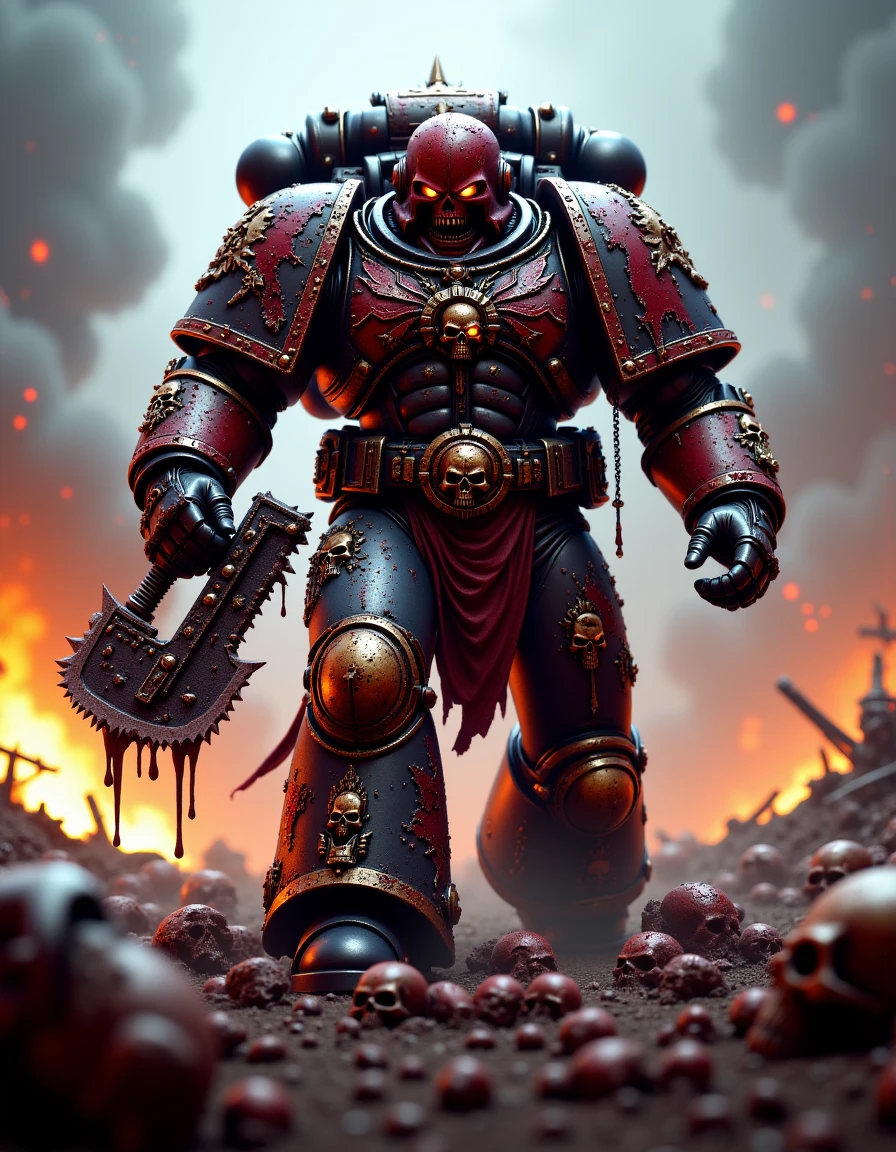 Picture a Khorne Berzerker towering over fallen foes, his chainaxe buried in the chest of a dying enemy. His power armor is covered in dried blood and skull motifs, with trophies hanging from his belt. His eyes burn with hatred, and the battlefield is covered in the wreckage of war, smoke, and burning flames.