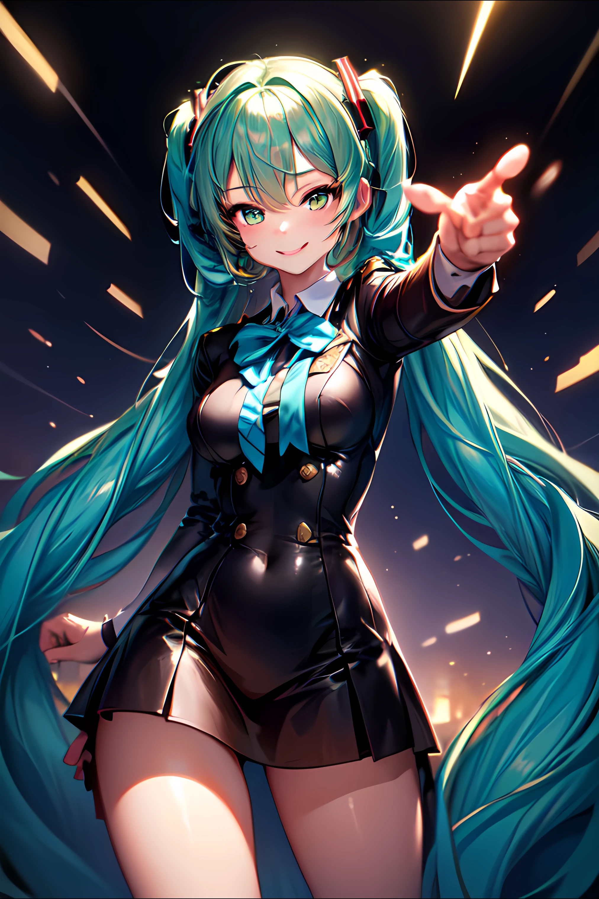 (masterpiece), high quality, cinematic lightning, 1girl, long hair, (\hastune miku\:1.5), blue hair, hair ormanent, bangs, solo, (uniform:1.4), pointing forward, confident, lightly smile, standing, <lora:Pointing_Forward_Finger_Gun_for_SD_model__pose-000009:0.65> <lora:add_detail:1>