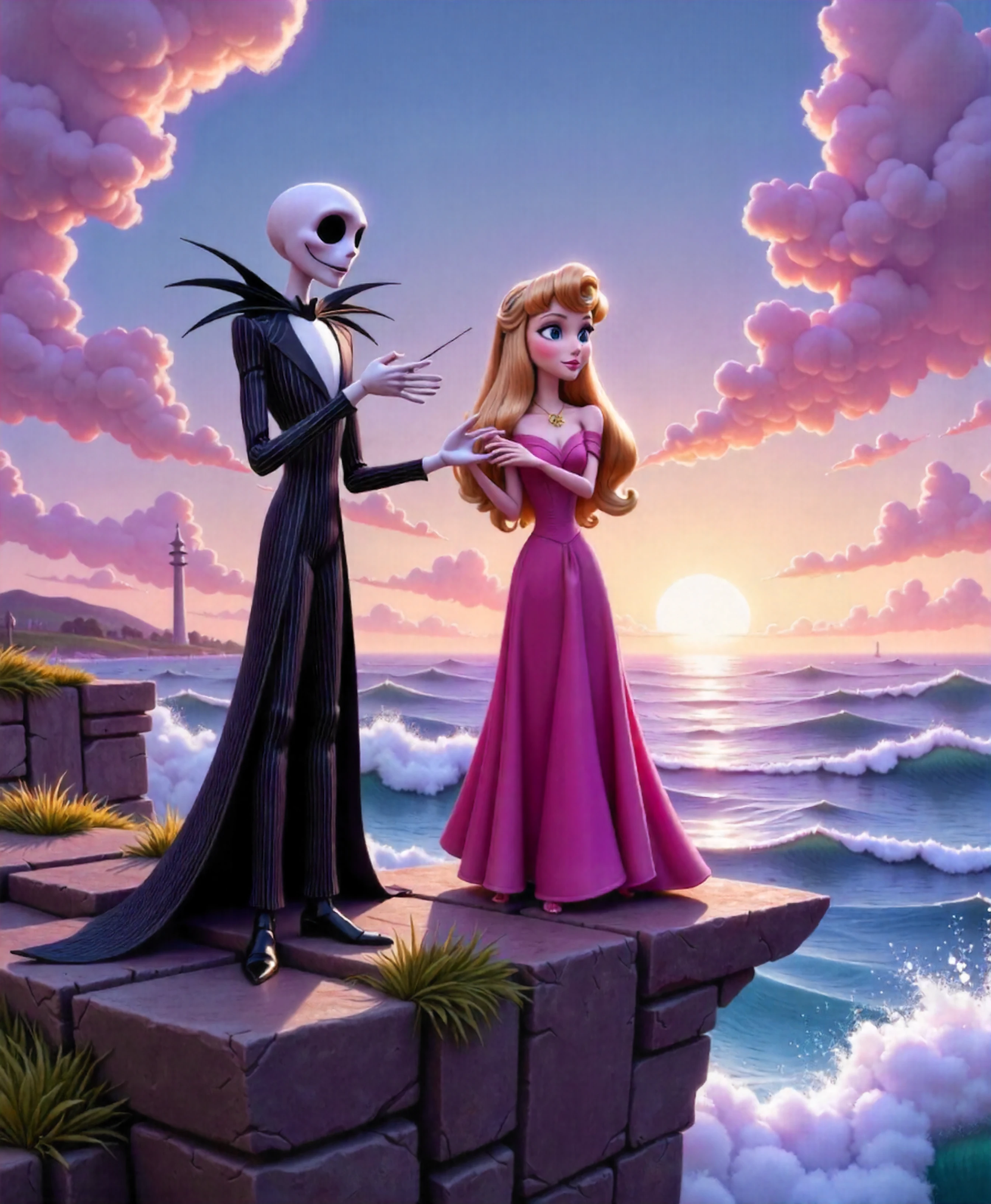 a futuristic utopian illustration with sleek, minimalist design, bright white metallic finishes, and stylized, harmonious environments,, characters are cliche and recognizable ,BREAK,  ,  Jack Skellington from The Nightmare Before Christmas (Disney), skeleton, suit, Halloween King,   and  the princess woman Aurora with blonde hair, blue eyes, a pink dress,  , one  is catching fish with   the other, ,on a windy cliffside overlooking the ocean with crashing waves