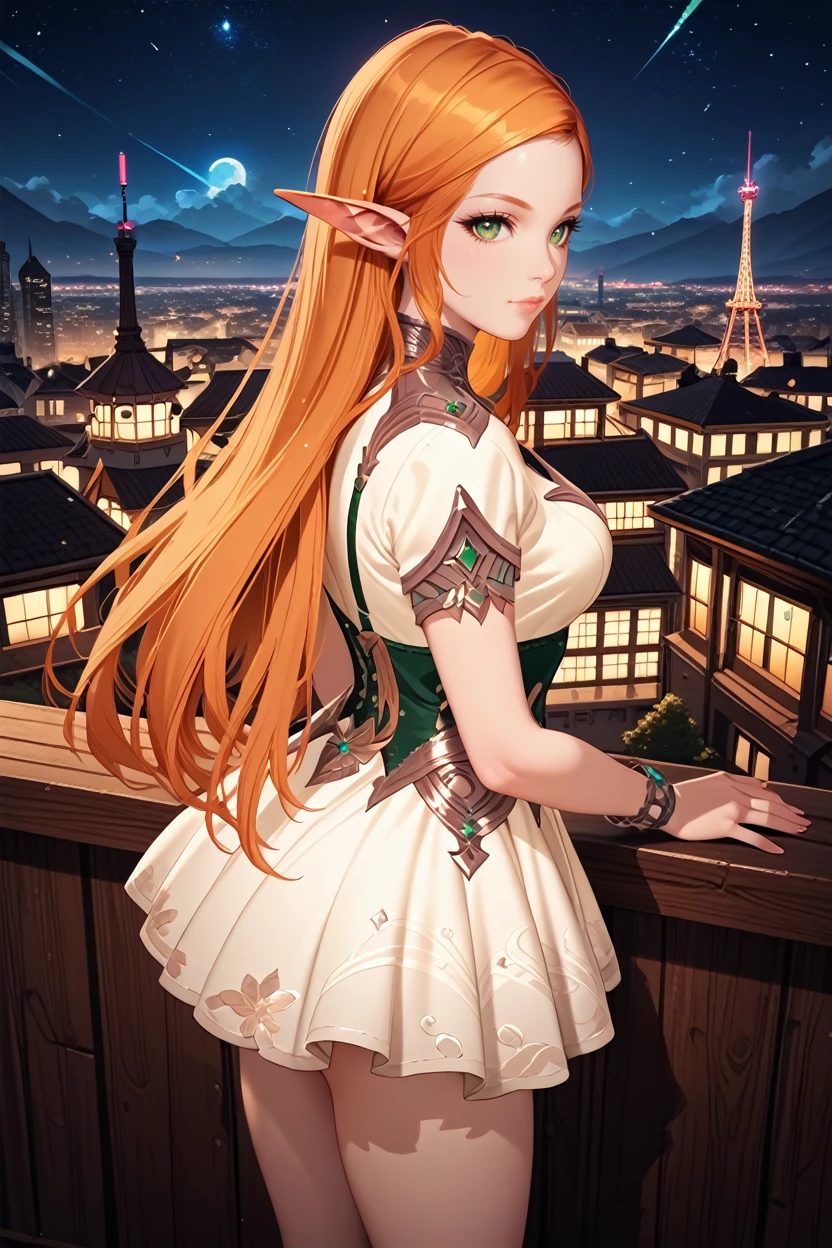 score_9, score_8_up, score_7_up, score_6_up
<lora:LAMC:0.9>
LAMC, 1girl, orange hair, long hair, pointy ears, green eyes, looking at viewer, overlooking the city from a rooftop bar at night, chic outfit, standing